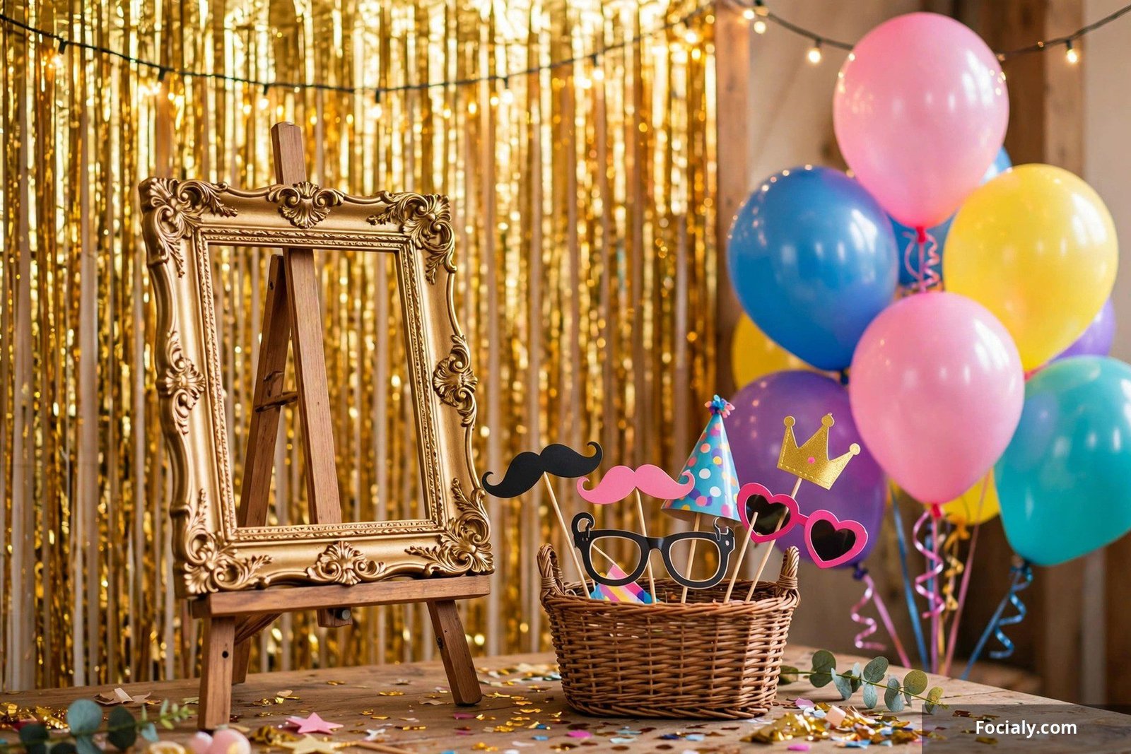 DIY photo booth corner with props and a decorated frame