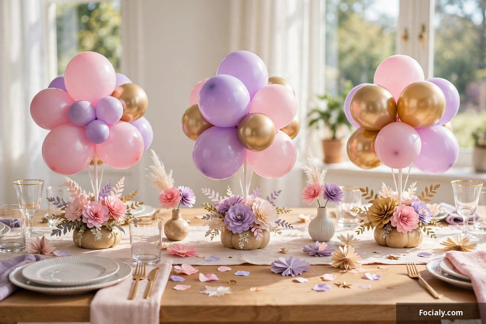 Party table with balloon cluster centerpieces in pastel colors