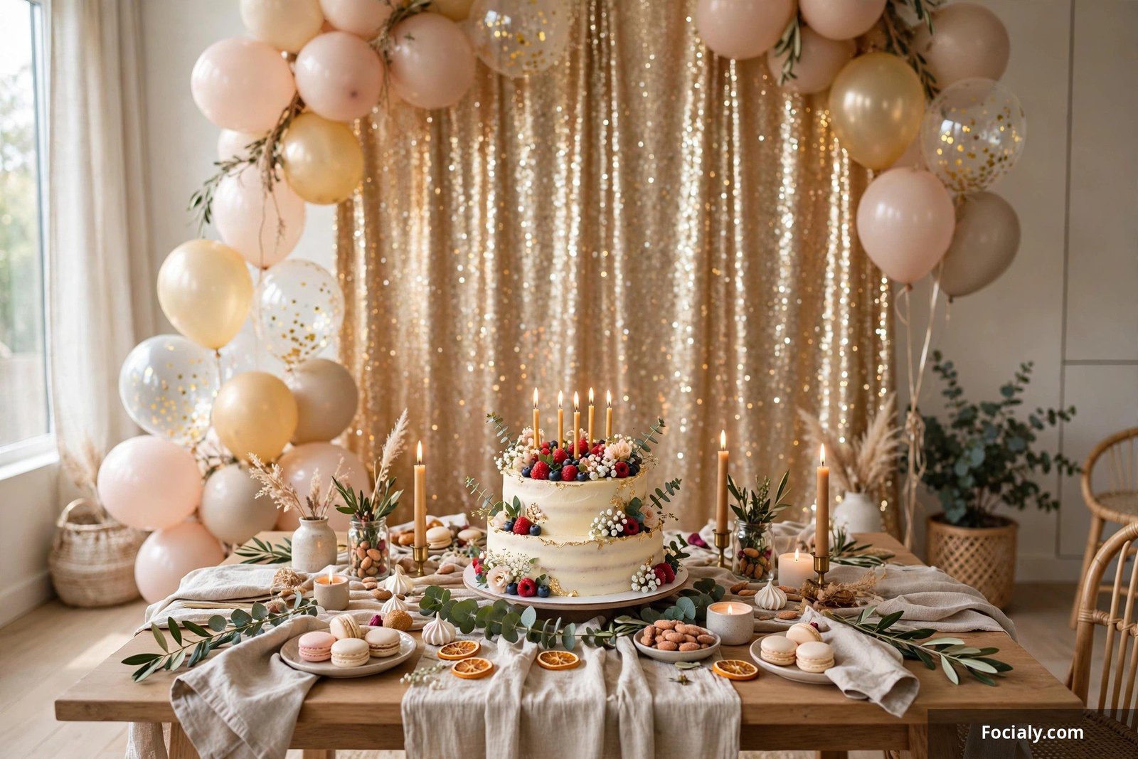 Decorated cake table with shimmering backdrop and balloon accents