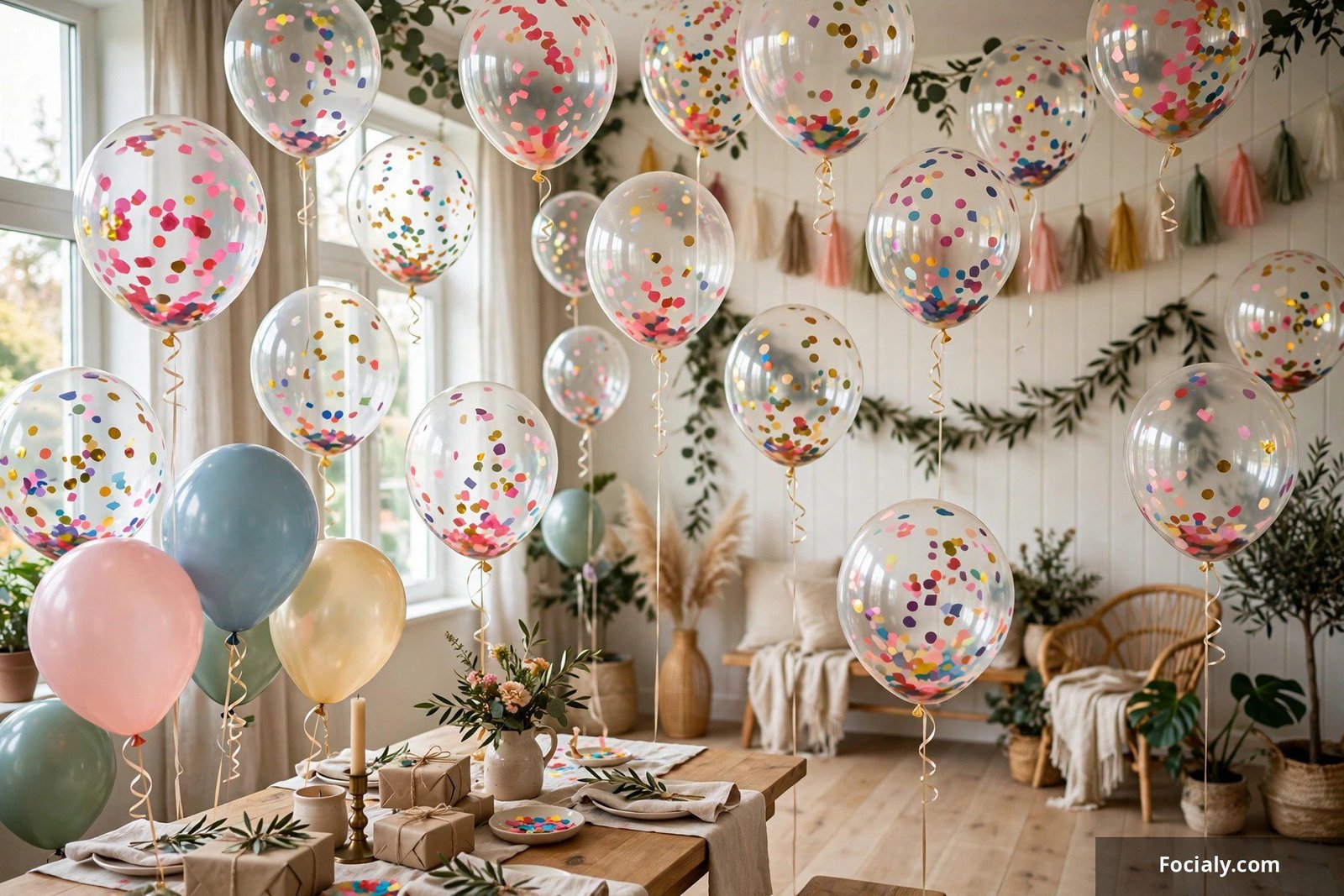 Clear balloons filled with colorful confetti floating in a party room