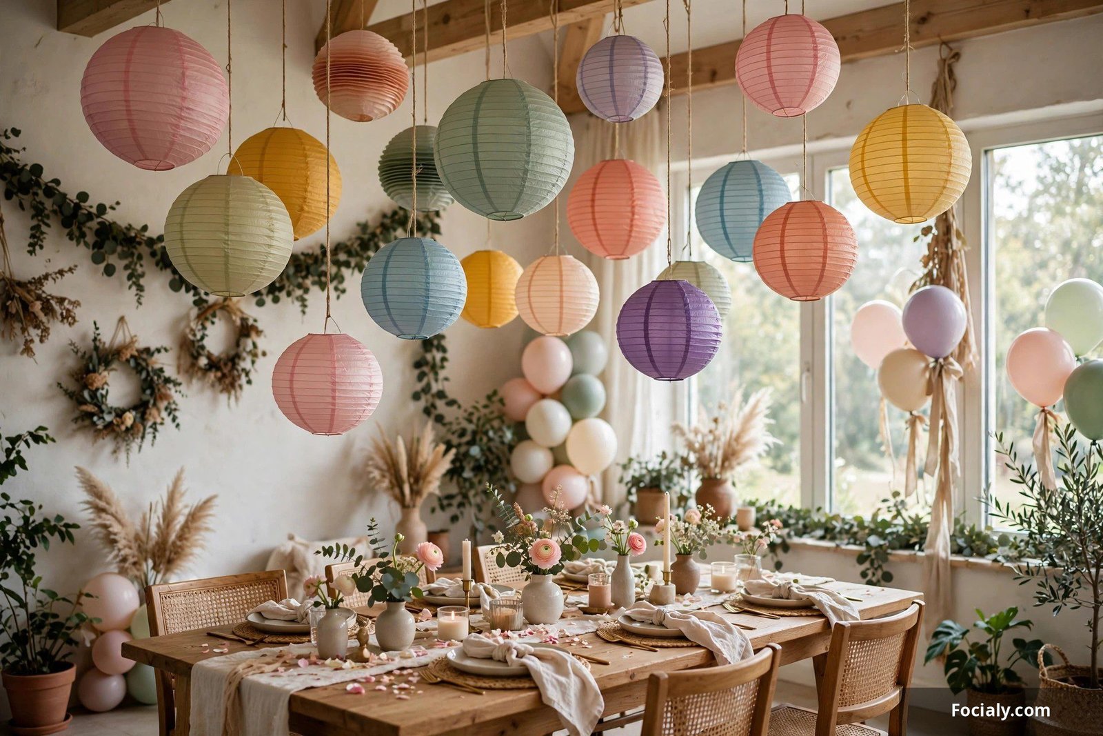 Colorful paper lanterns hanging at different heights from the ceiling