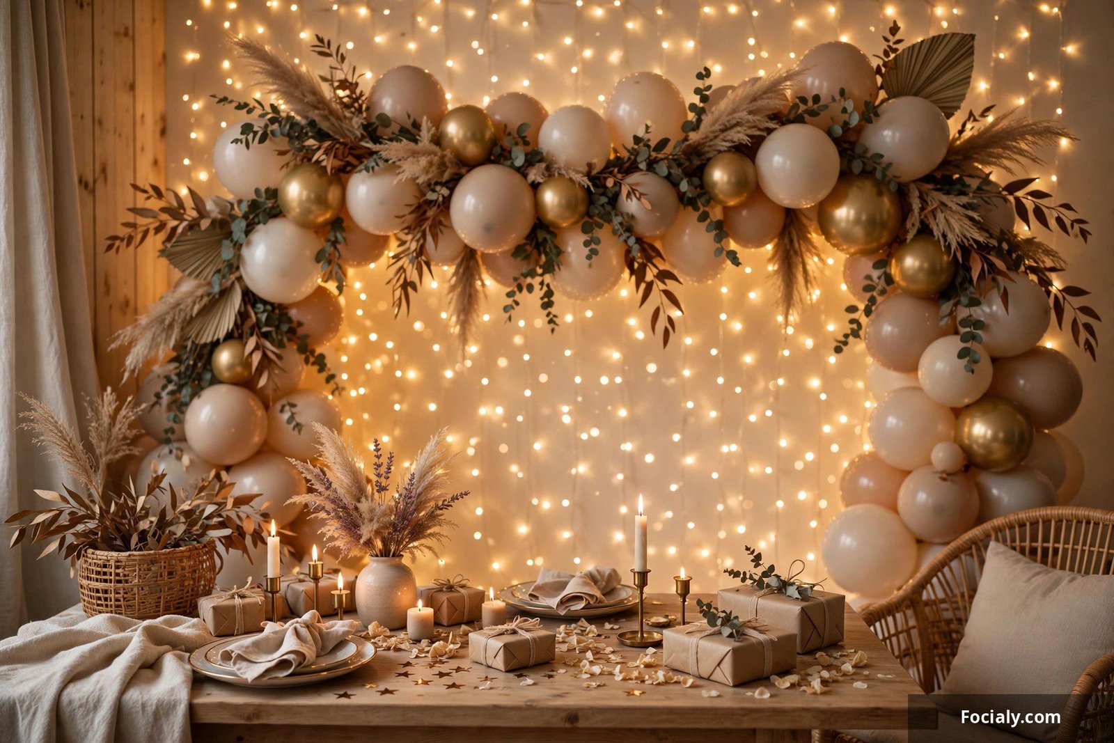 Wall of warm fairy lights glowing behind party decorations
