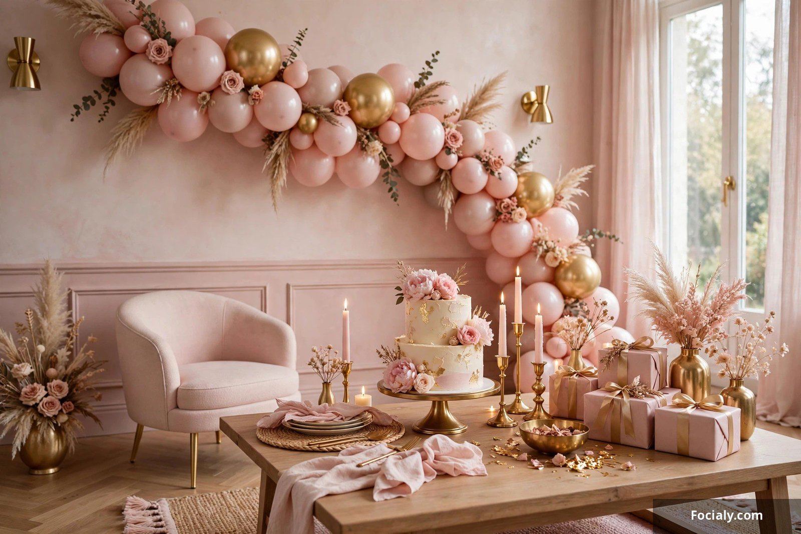 Birthday room styled in a cohesive blush pink and gold color palette