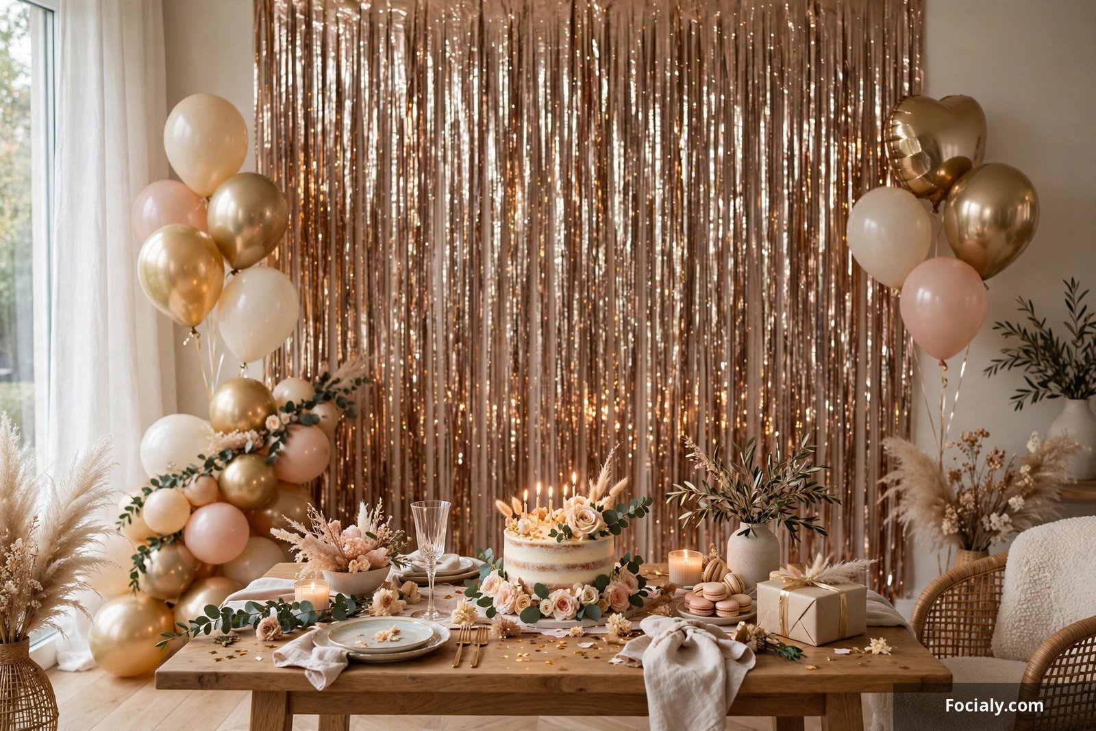 Metallic fringe curtain backdrop shimmering behind a birthday setup