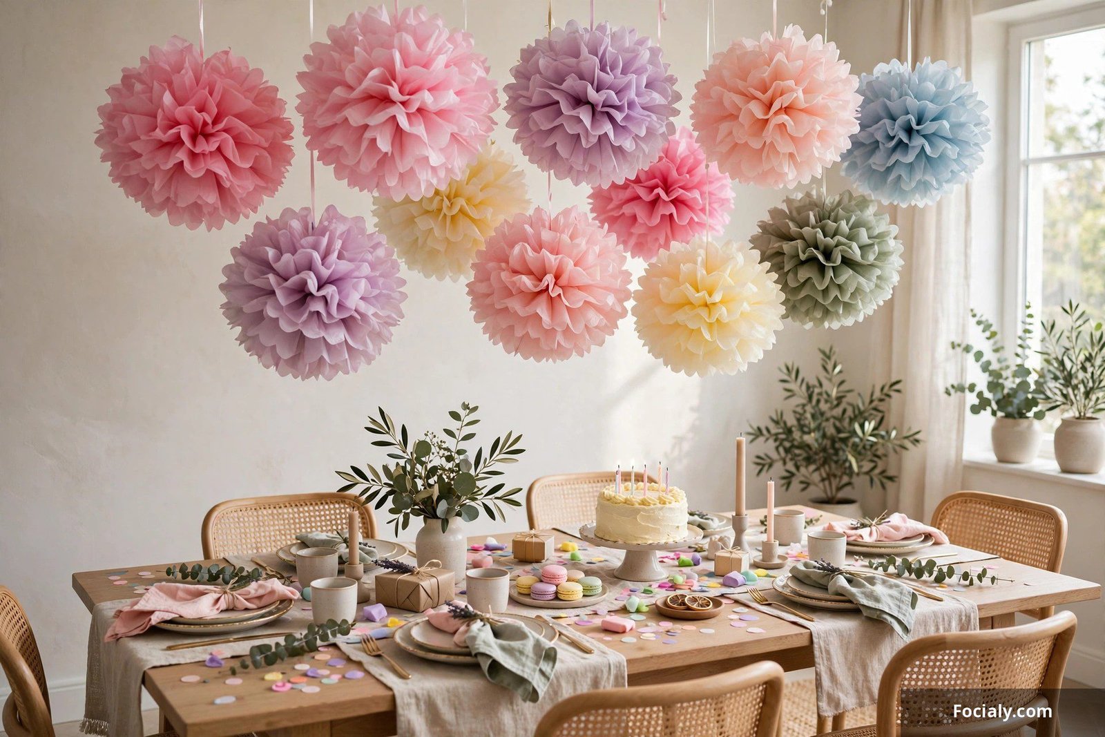Fluffy tissue paper pom-poms hanging above a birthday party table