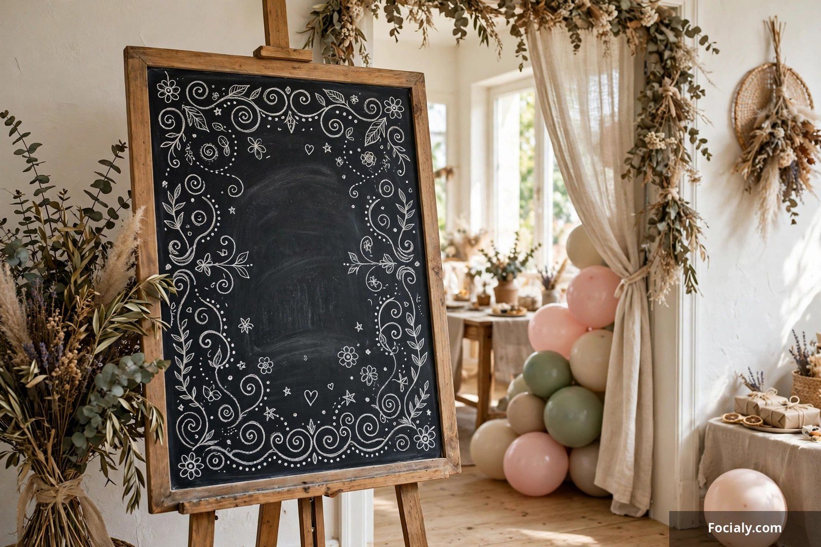 Chalkboard welcome sign with birthday message at a party entrance