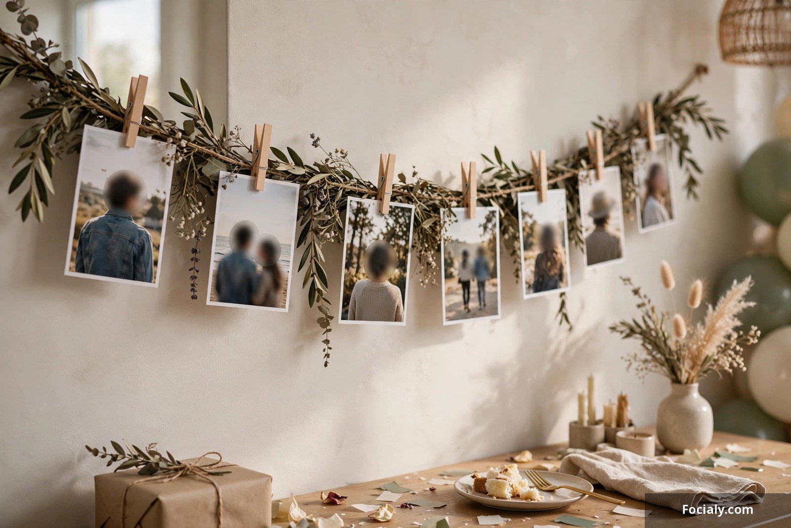 String of printed photos clipped to a garland timeline on the wall
