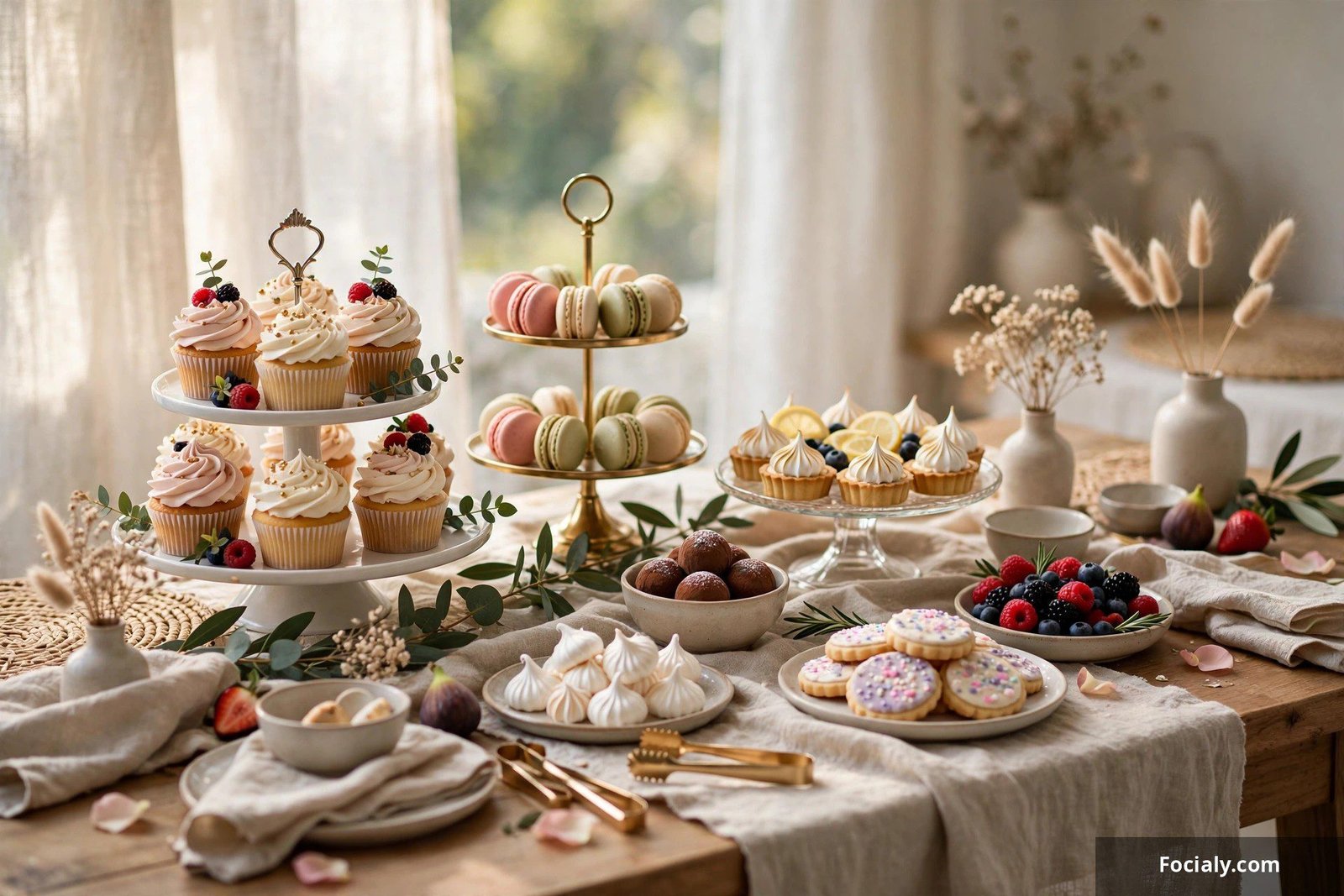 Stylish dessert table with cupcakes, treats, and tiered stands