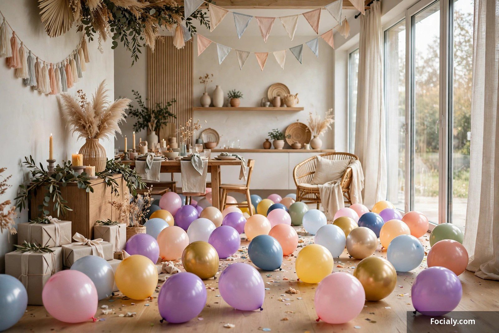 Colorful balloons scattered across the floor of a birthday party room