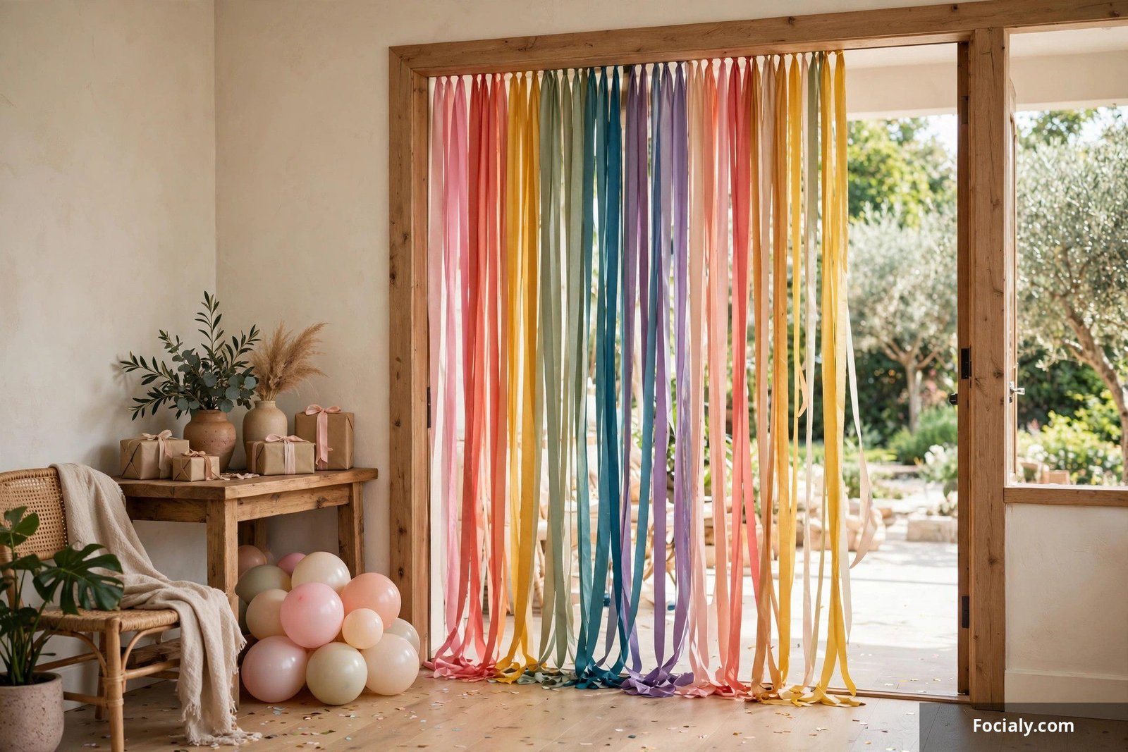 Doorway hung with long colorful ribbon strands for a birthday party