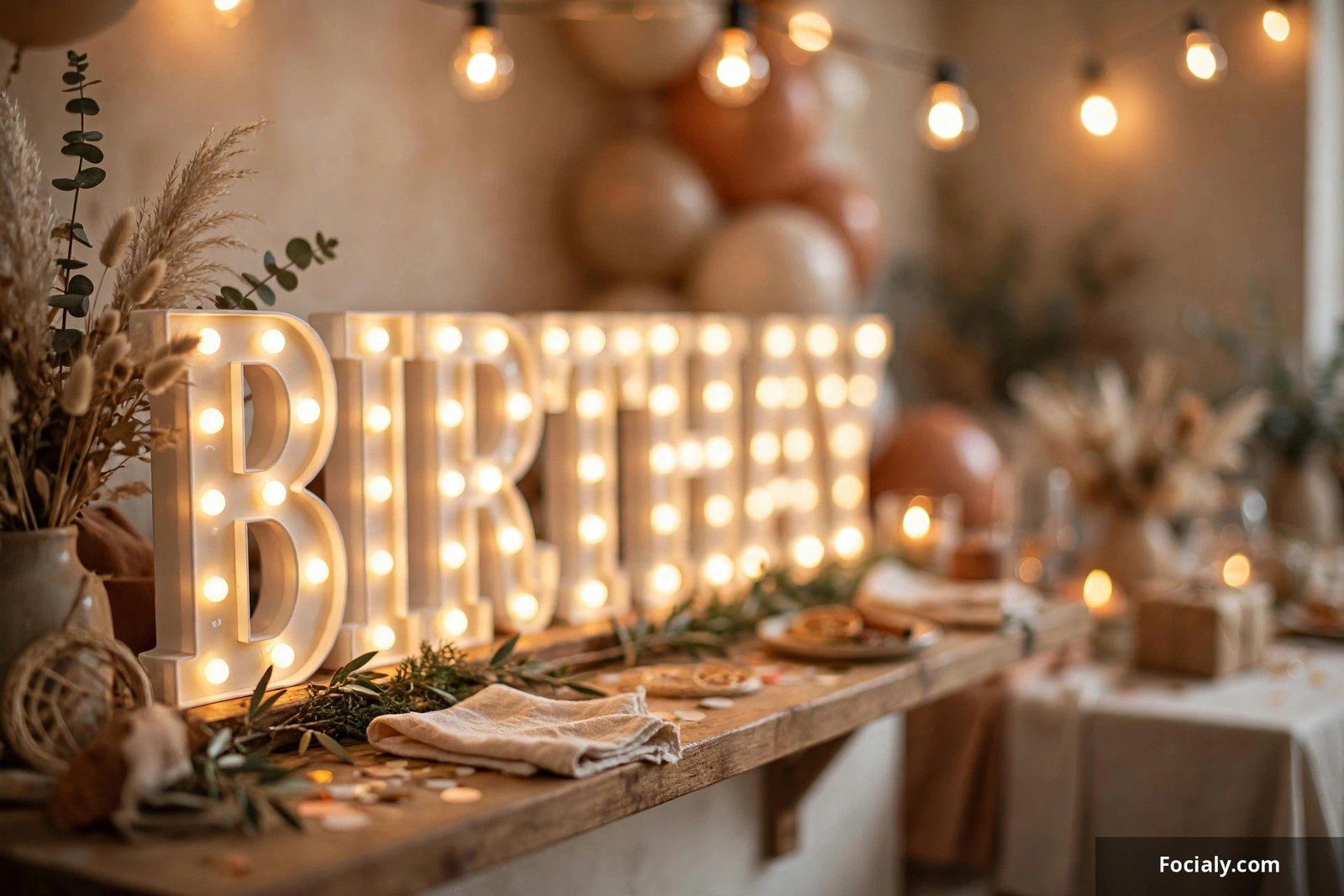 Glowing LED marquee letters spelling happy birthday on a shelf