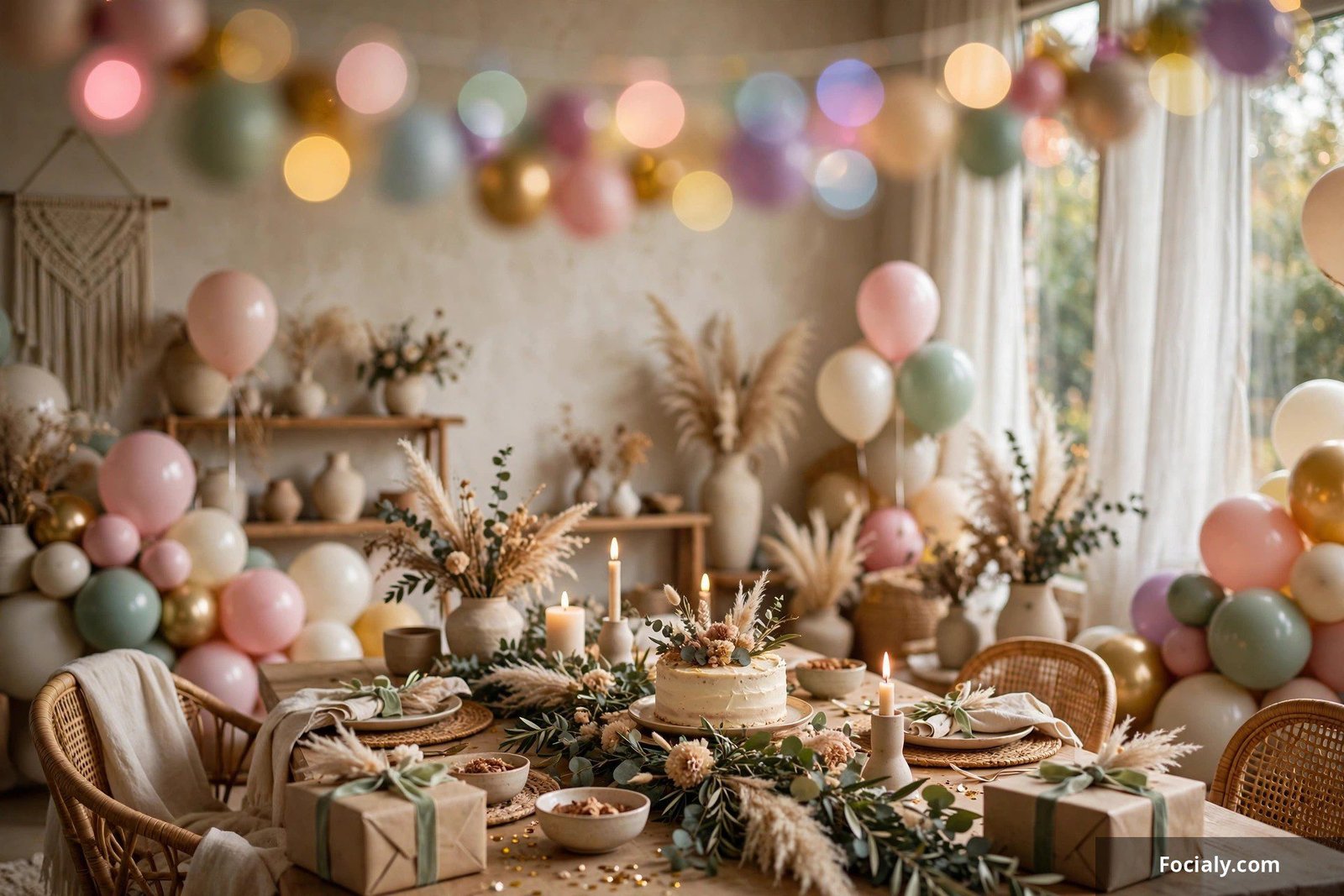 Custom name banner strung across a decorated birthday room