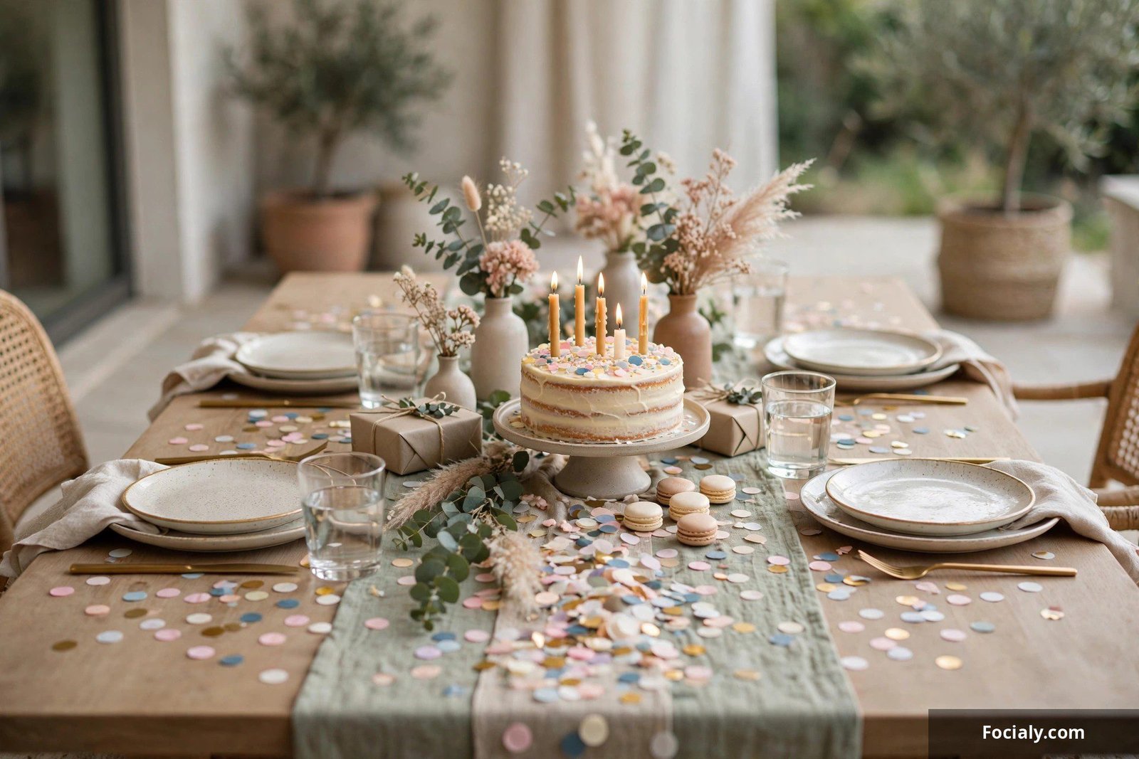 Party table with confetti scattered along a festive table runner