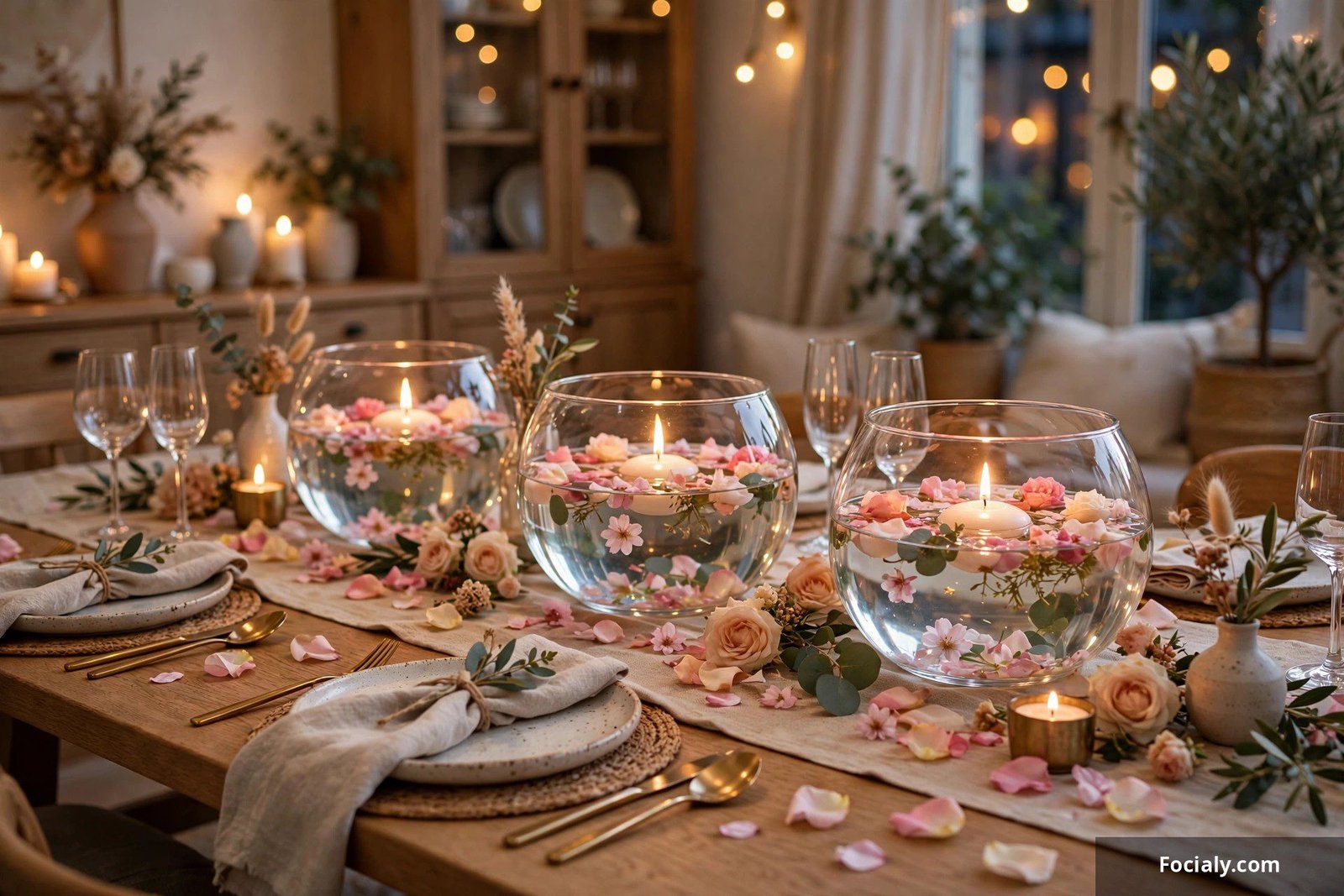 Glass bowls with floating candles and petals as table centerpieces