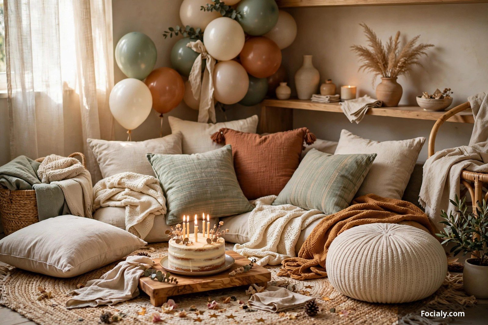 Cozy lounge corner with floor pillows and throws at a birthday party