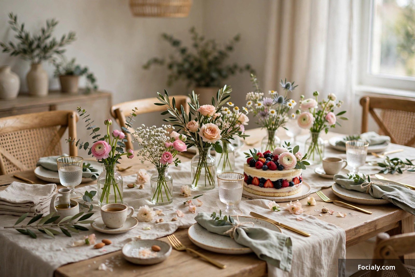 Small vases of fresh flowers accenting a birthday party table