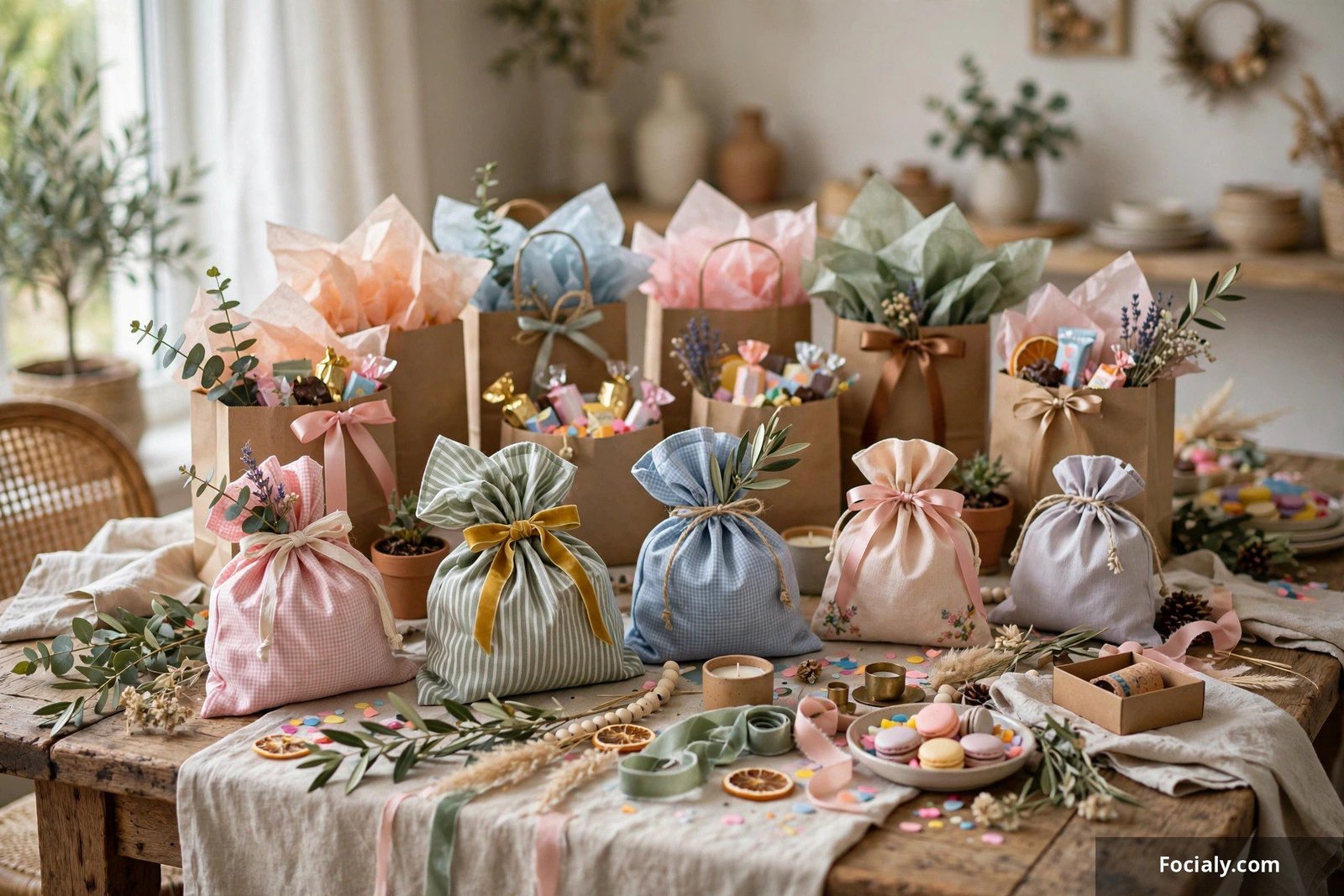 Display of party goodie bags arranged on a decorated table