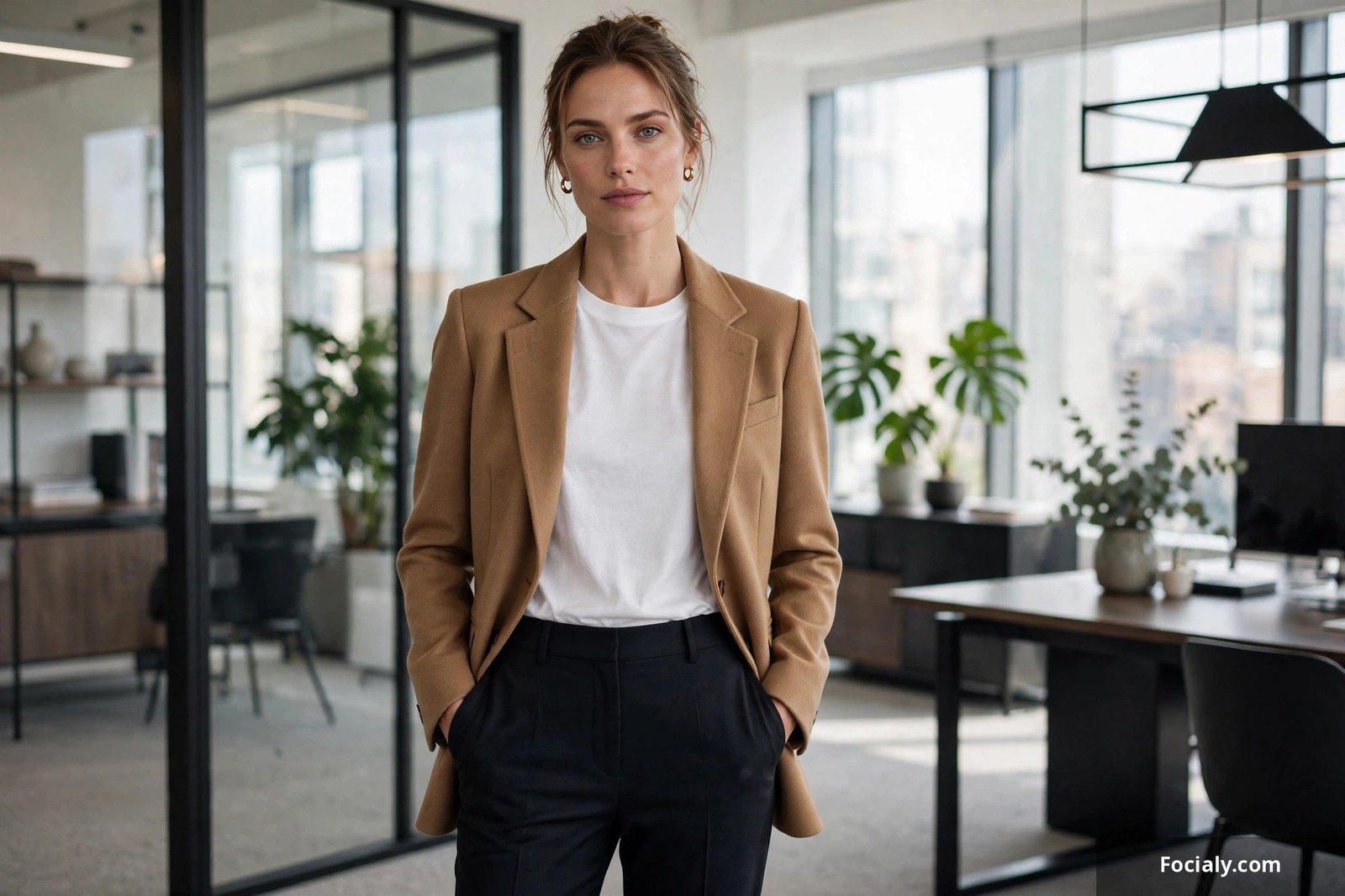 Woman in camel blazer, white tee and dark tailored trousers