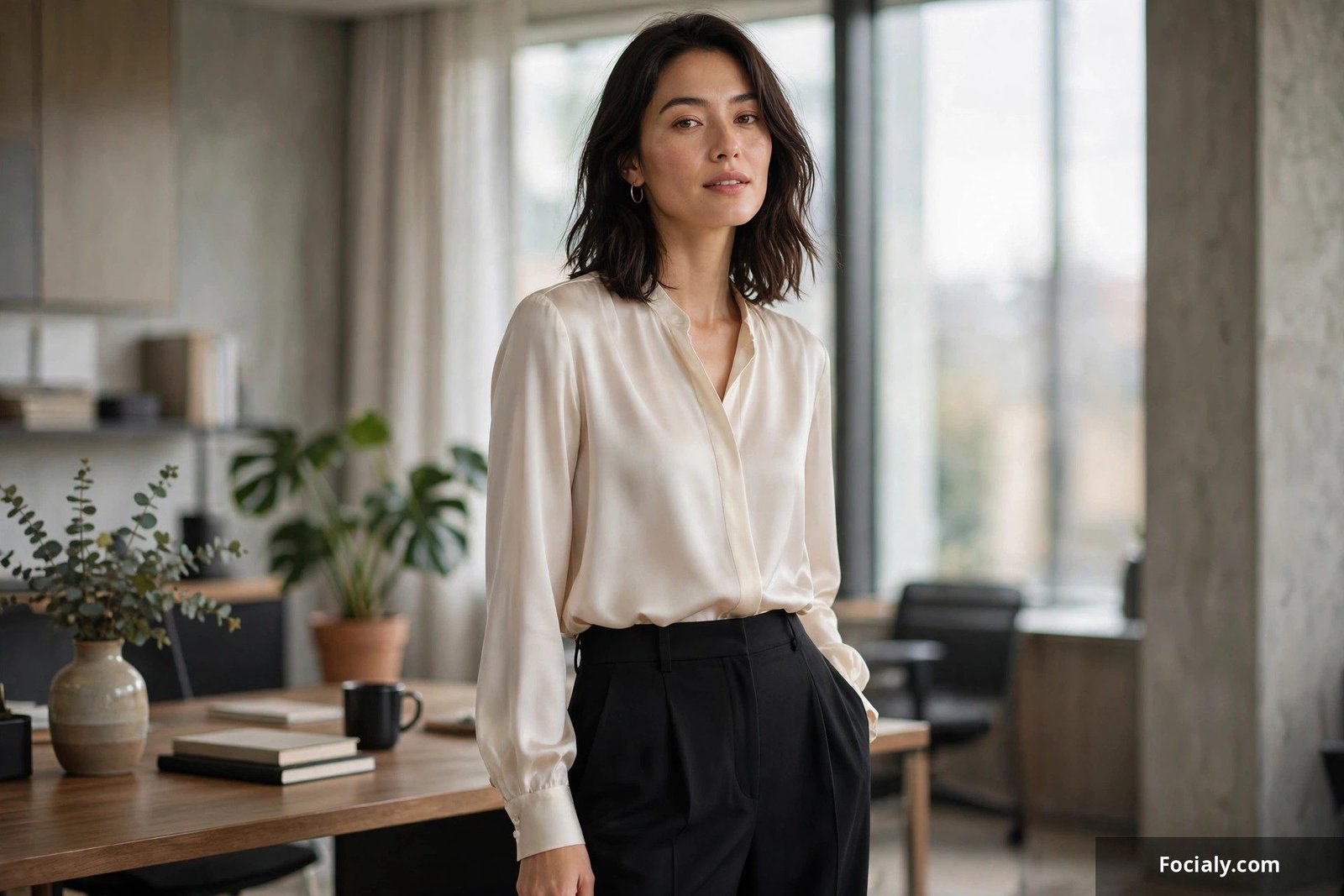 Cream silk blouse paired with black wide-leg trousers