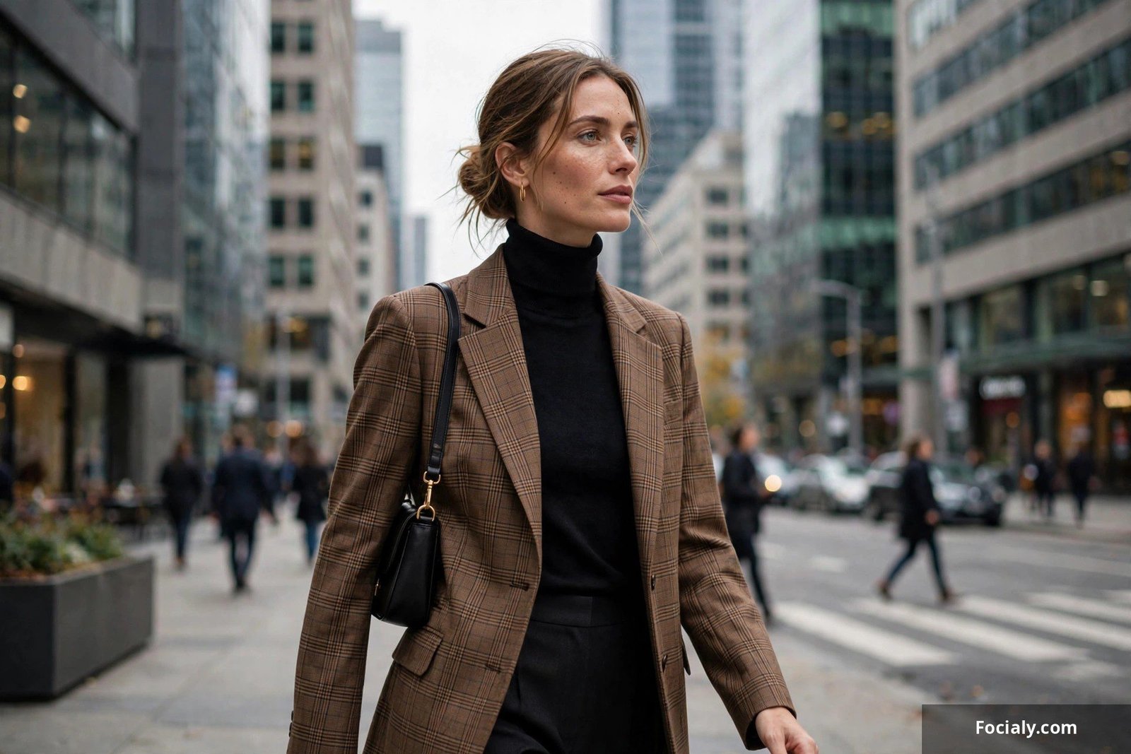 Plaid blazer worn over a black turtleneck with dark pants