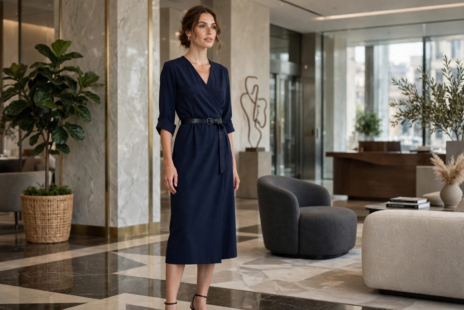 Navy wrap dress with a slim belt, office outfit