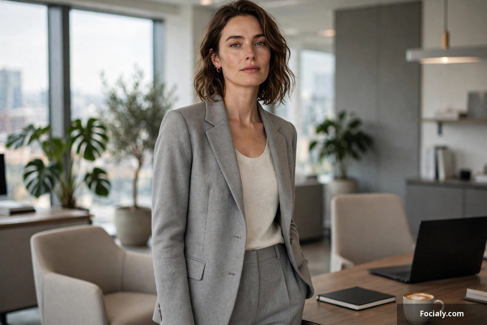 Woman in a soft grey tailored suit with a simple top