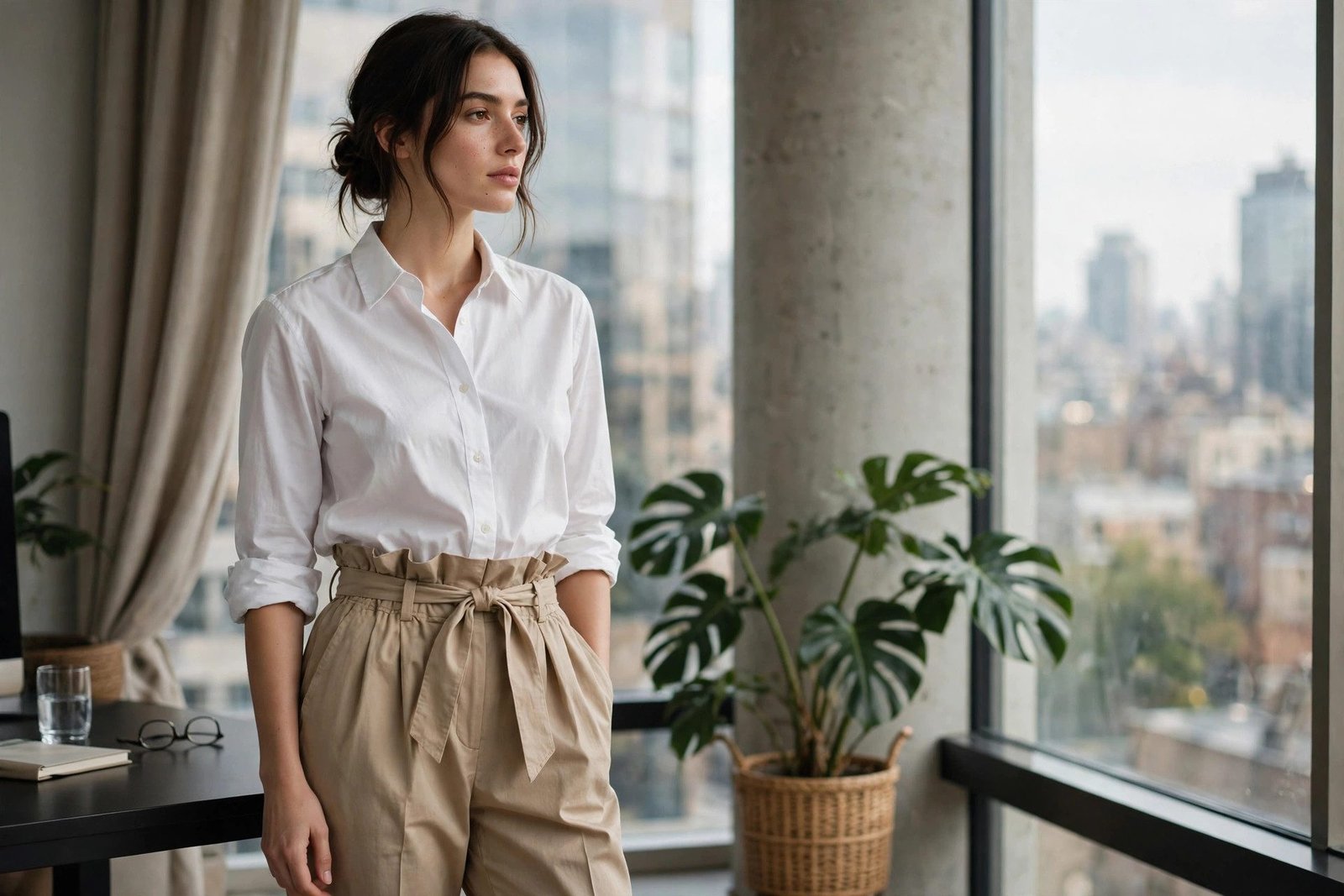 White button-down shirt with high-waisted paperbag trousers