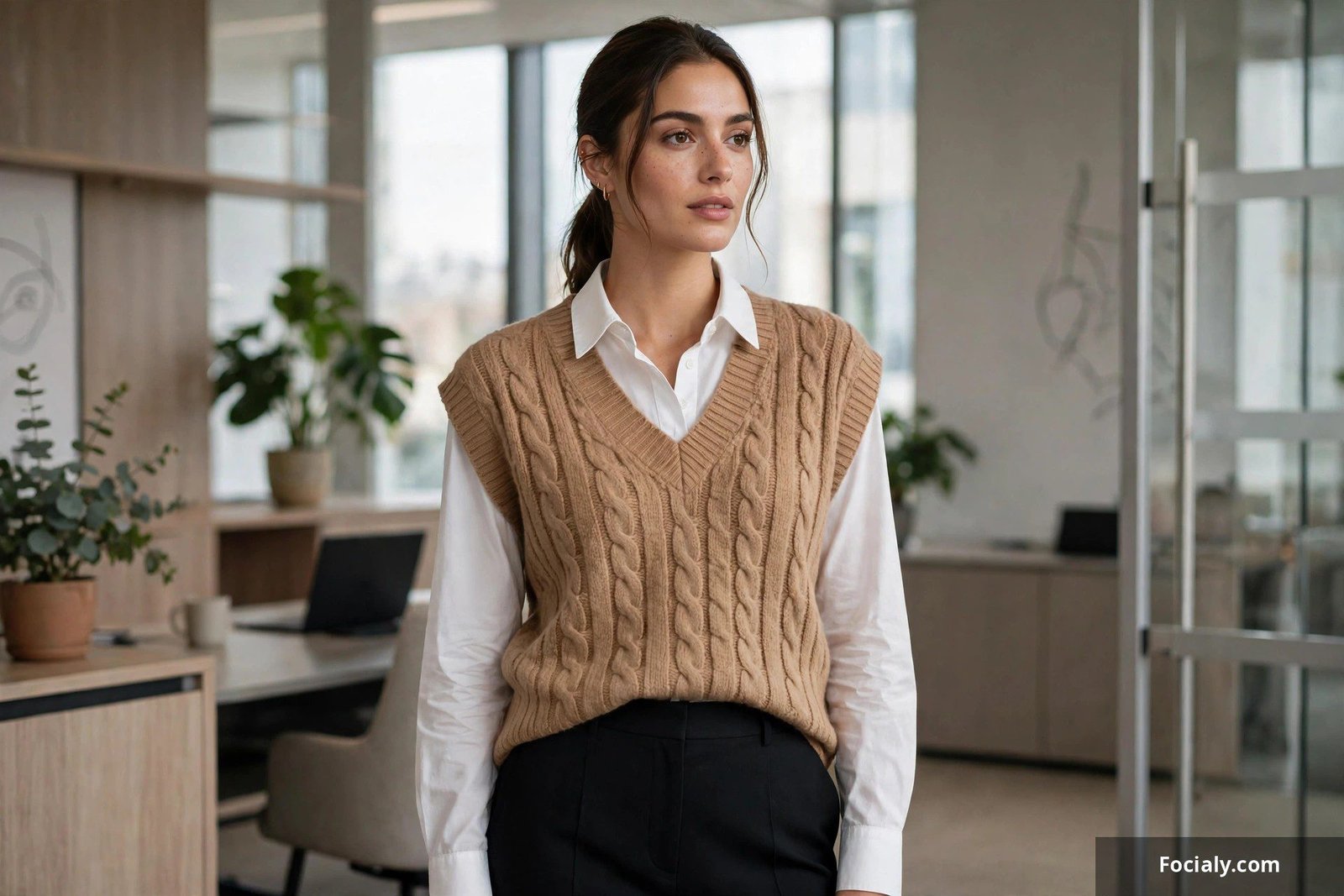 Camel sweater vest layered over a white shirt with trousers
