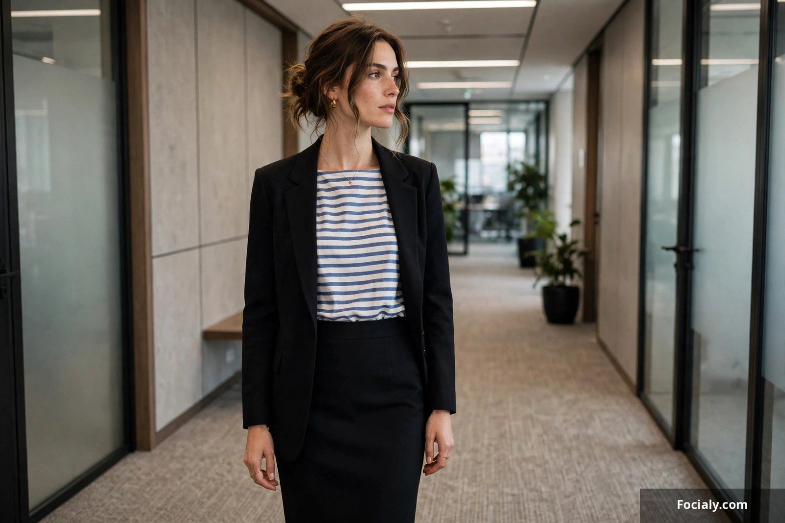 Black blazer over a striped top with a pencil skirt