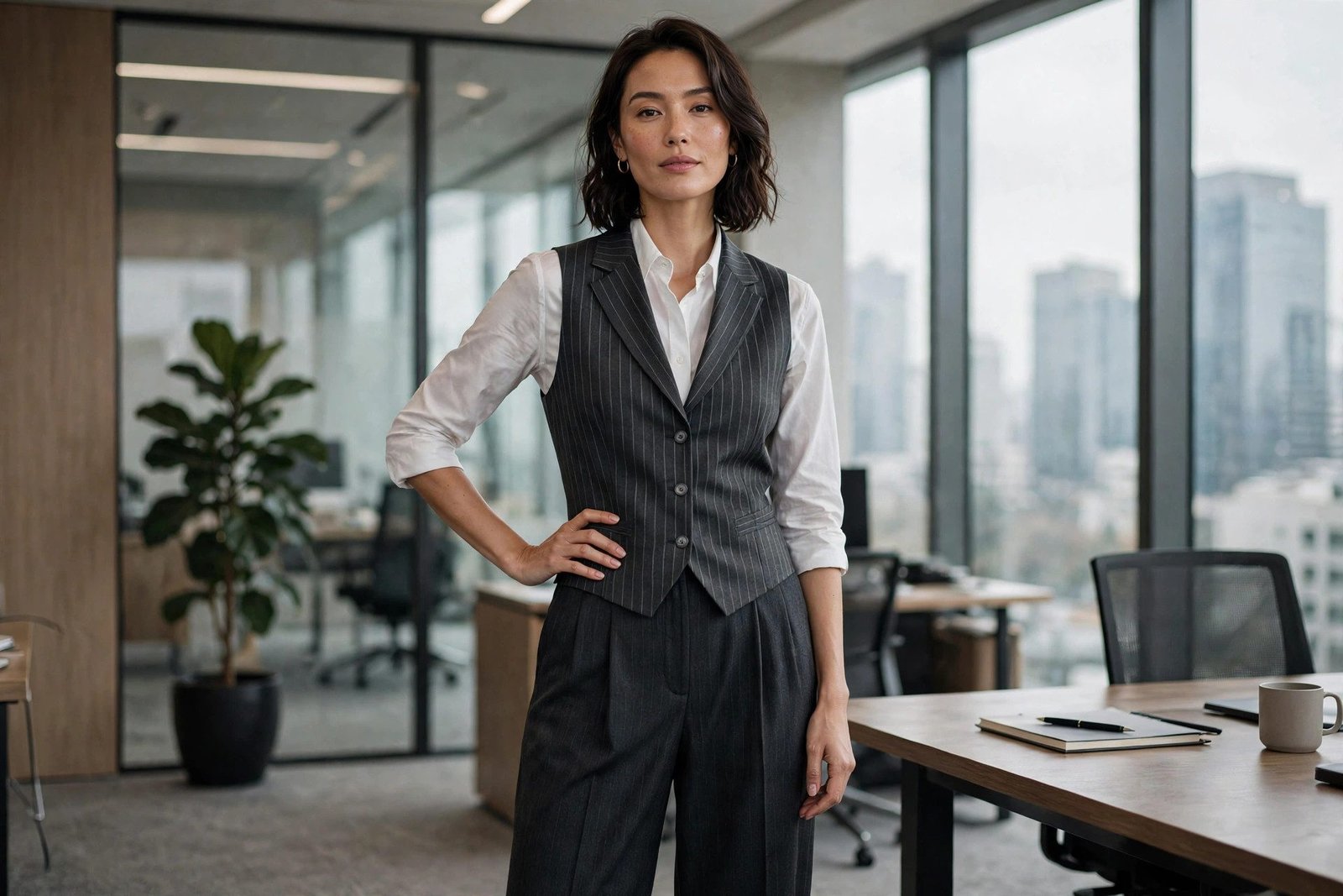 Pinstripe waistcoat with matching wide trousers