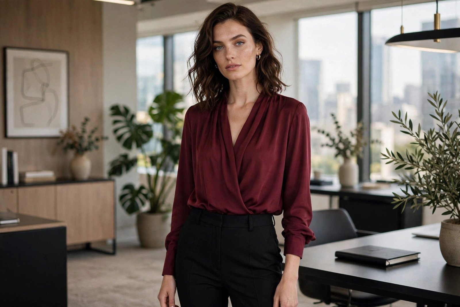 Burgundy blouse tucked into black tailored trousers