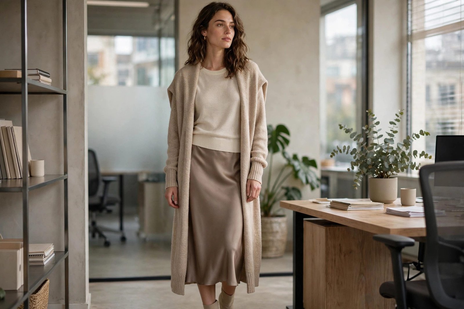 Longline cardigan over a satin slip skirt and knit top