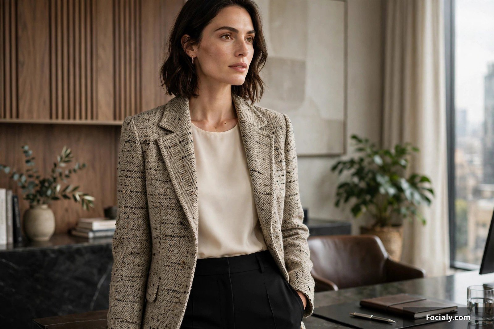 Tweed jacket paired with black tailored pants