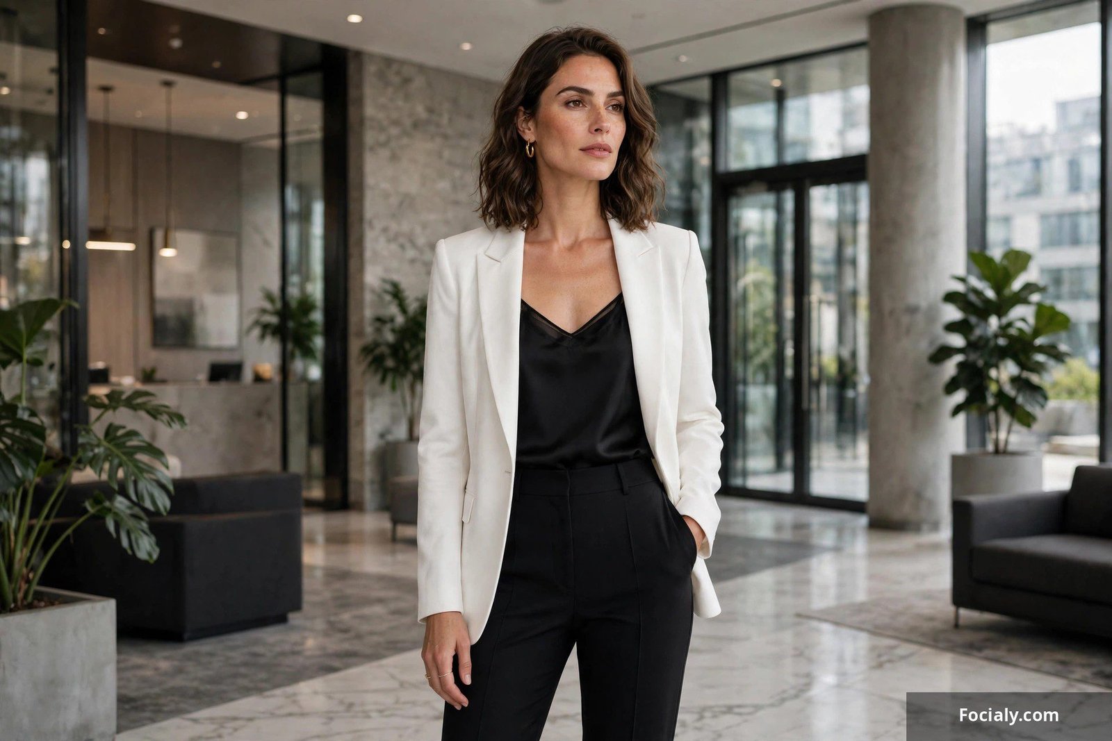 White blazer over a black camisole with tailored pants