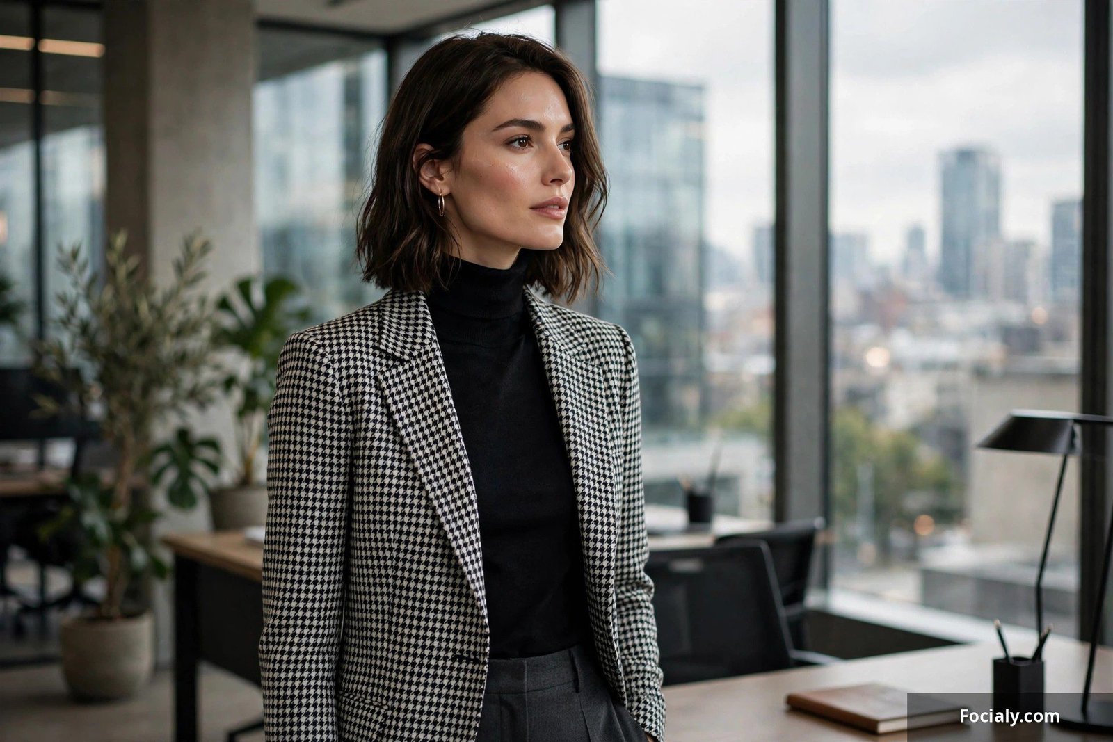Houndstooth blazer with a dark turtleneck