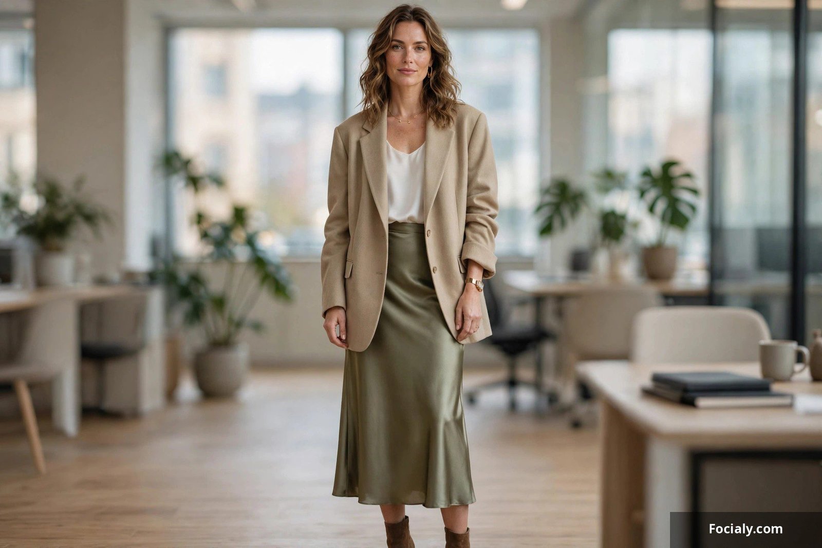 Oversized blazer with a satin midi skirt