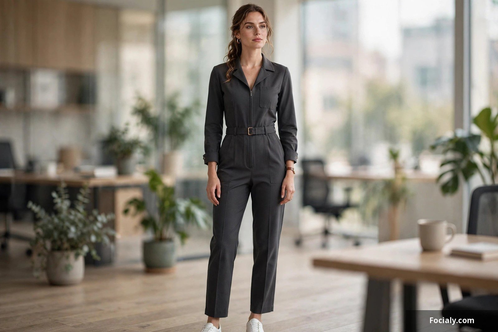 Charcoal tailored jumpsuit, one-piece office outfit