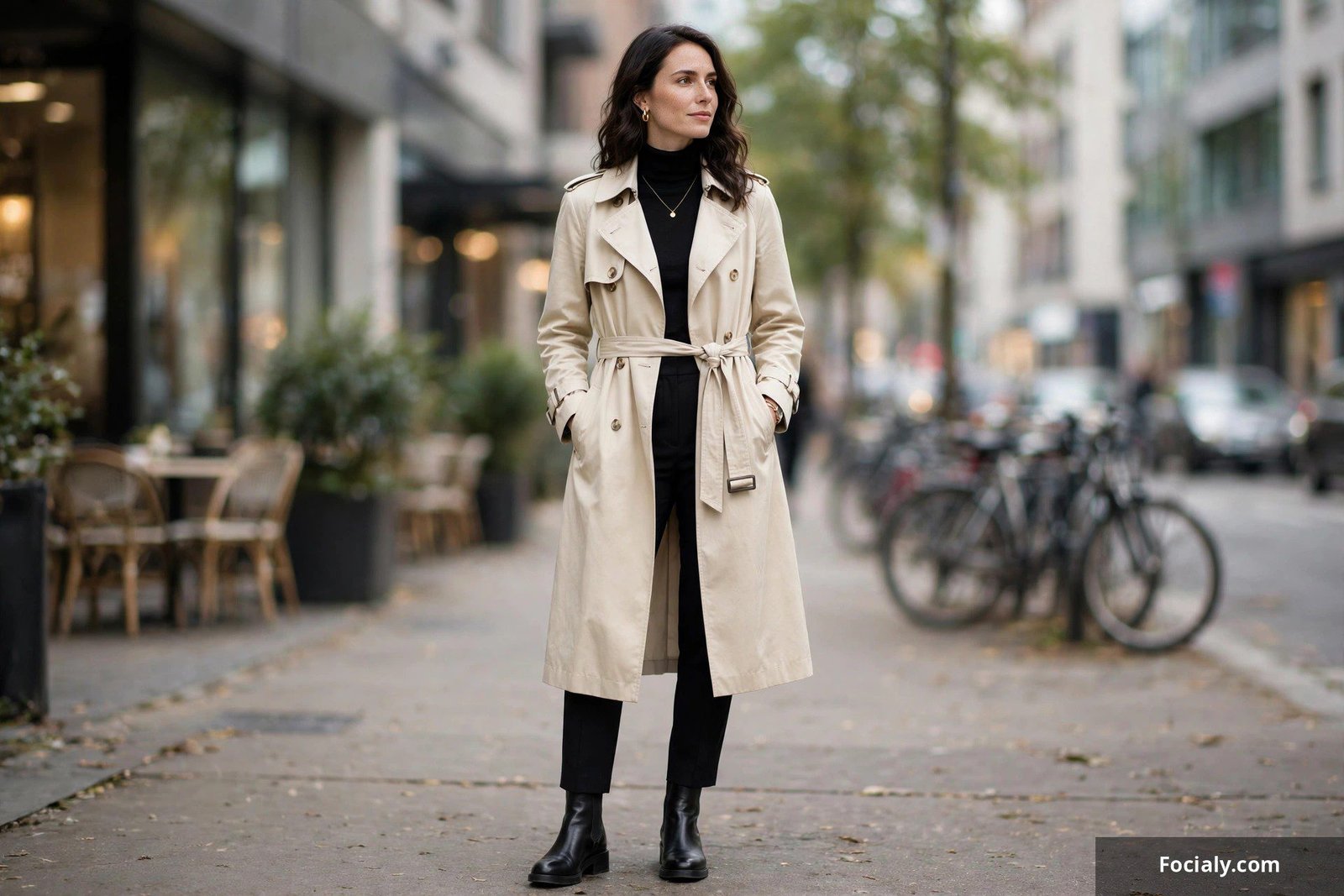 Cream trench coat over a monochrome outfit