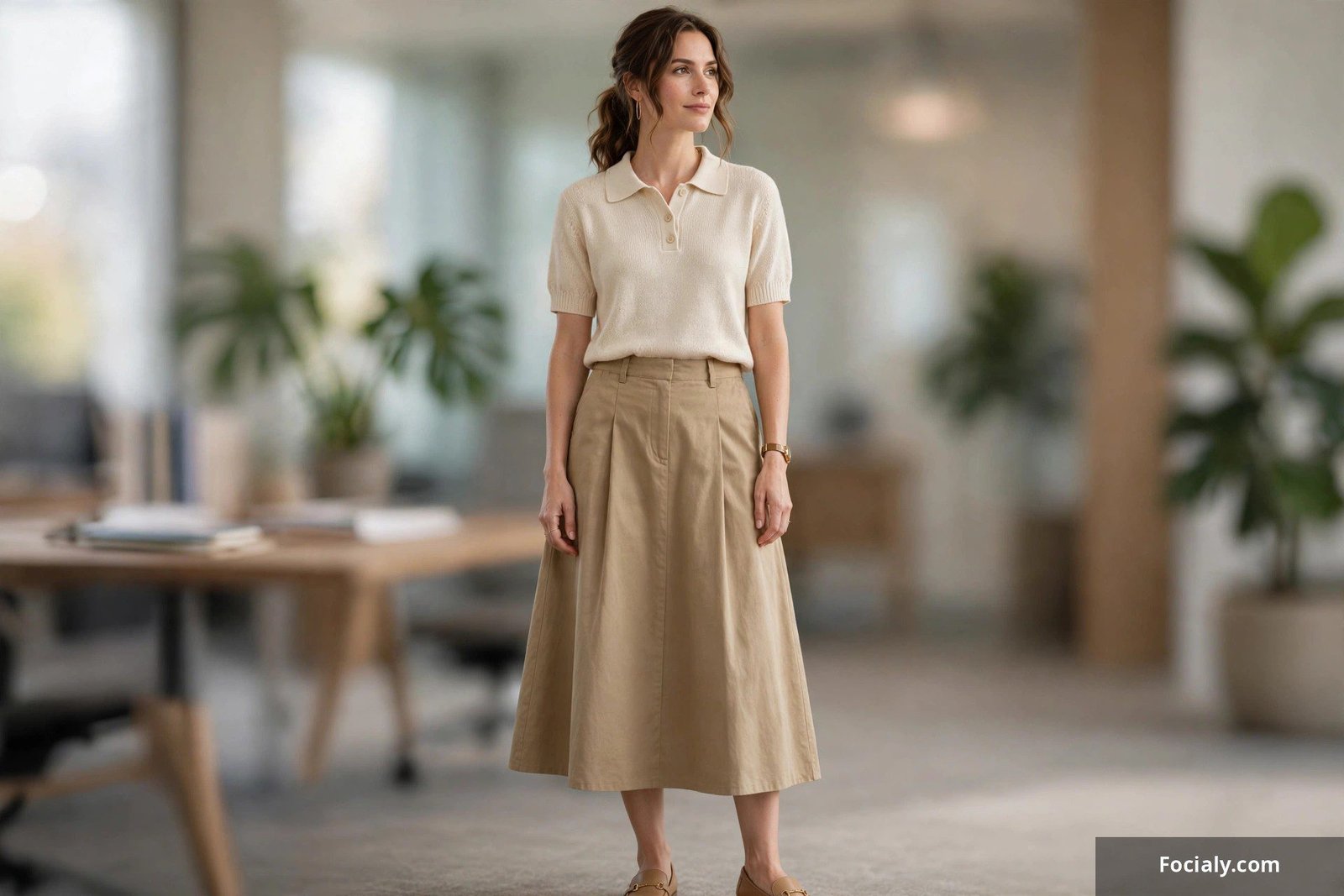 Knit polo top with an A-line midi skirt