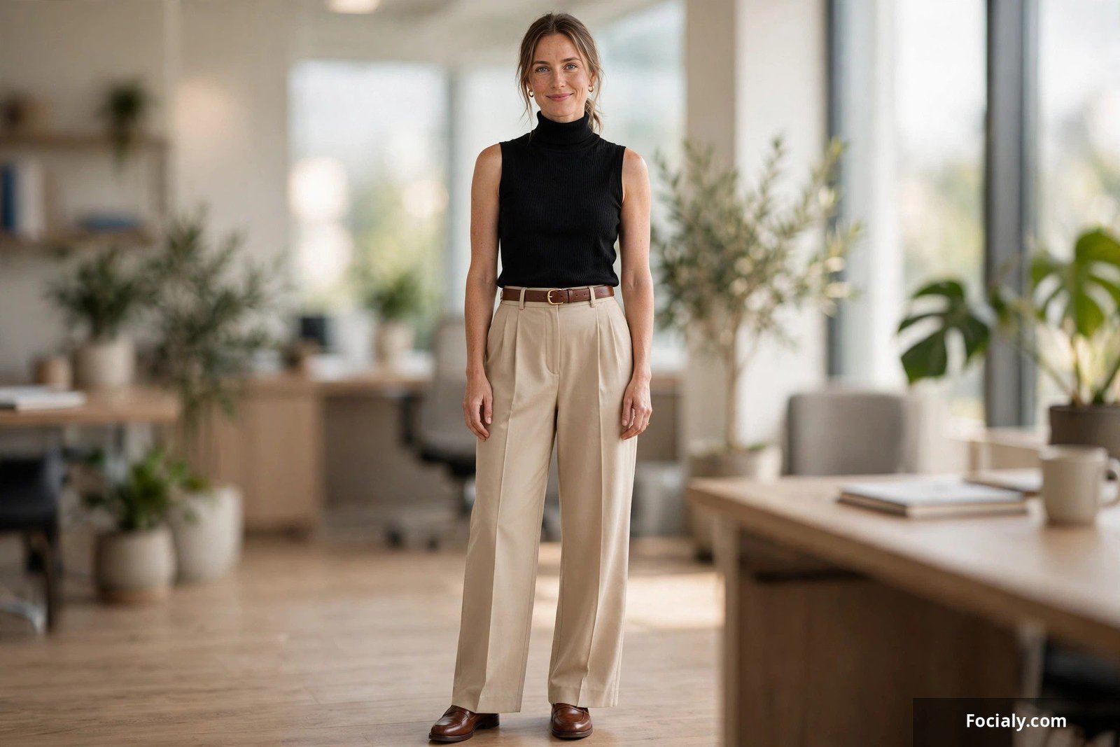 Sleeveless turtleneck tucked into belted wide-leg trousers