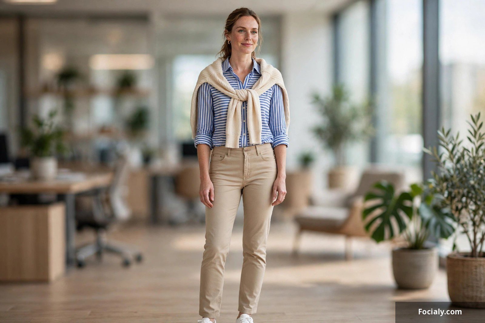 Striped shirt with a sweater draped over the shoulders and chinos