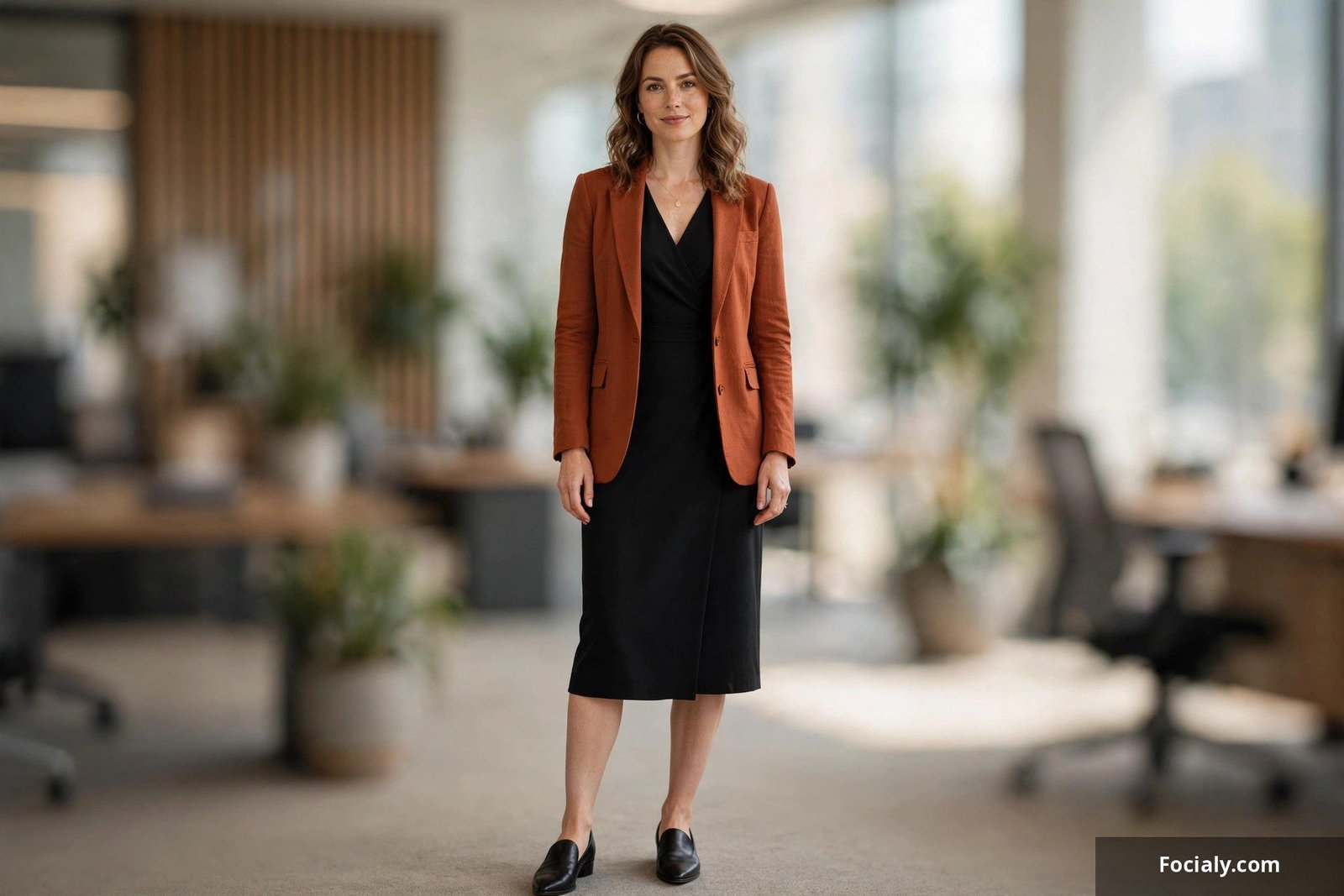 Black dress with a rust-colored blazer