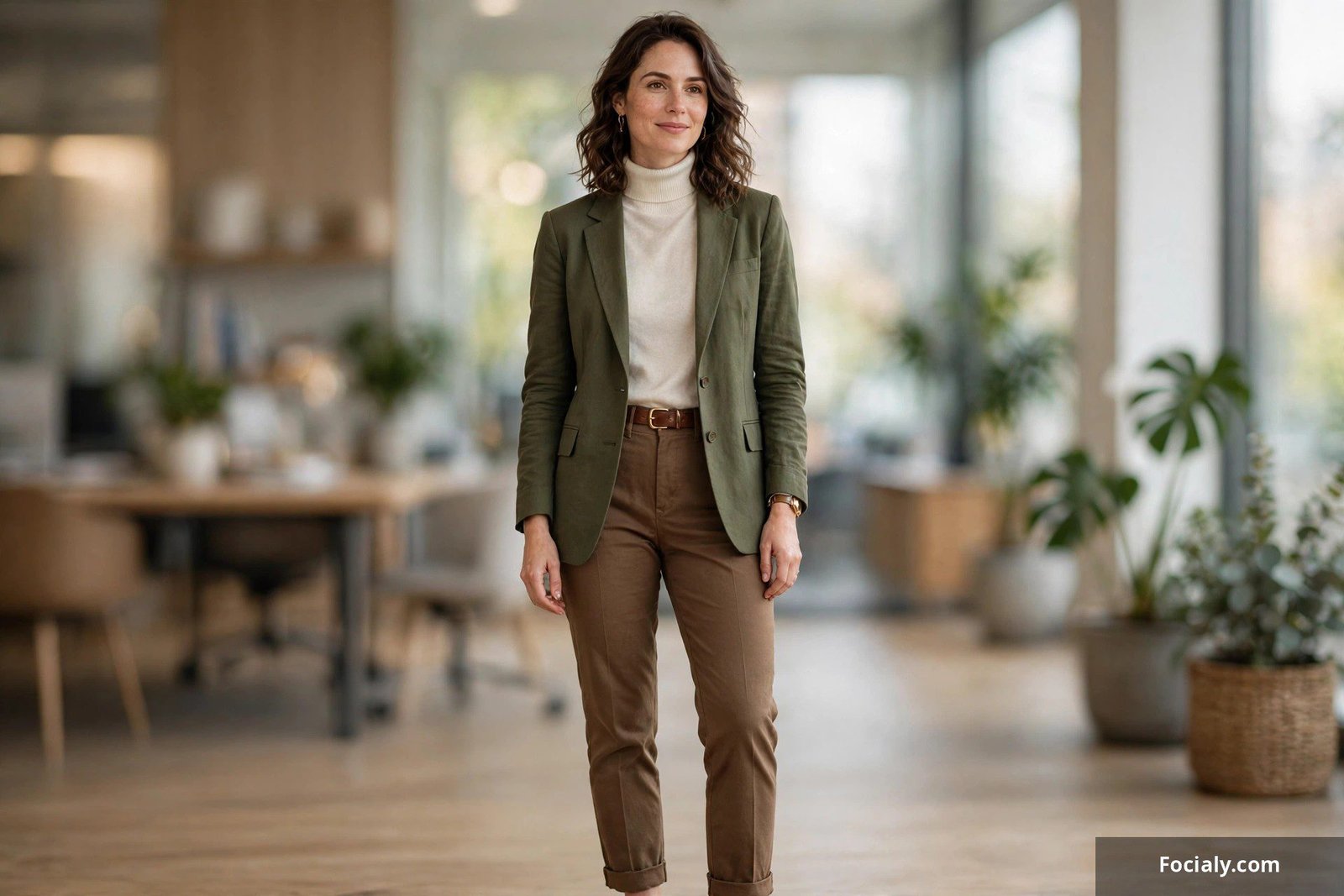 Olive blazer with a cream turtleneck and brown trousers