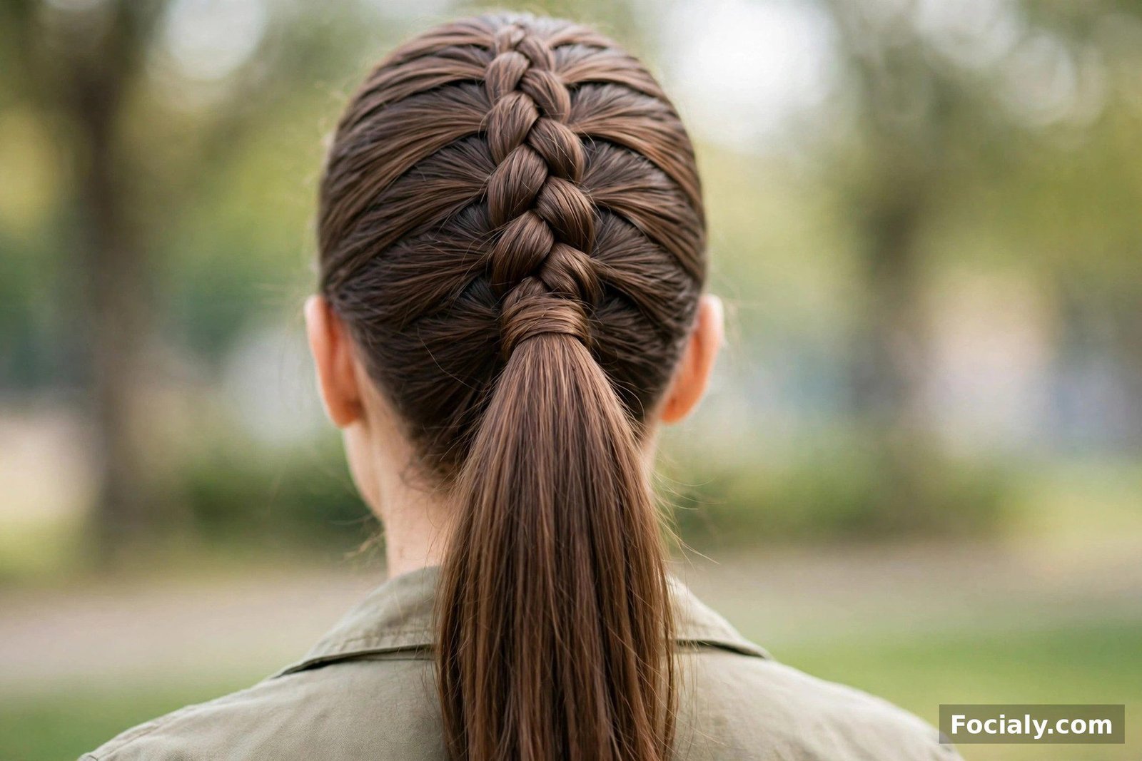 Back view of a neat French braid running down the back of the head into a sleek ponytail on brown hair