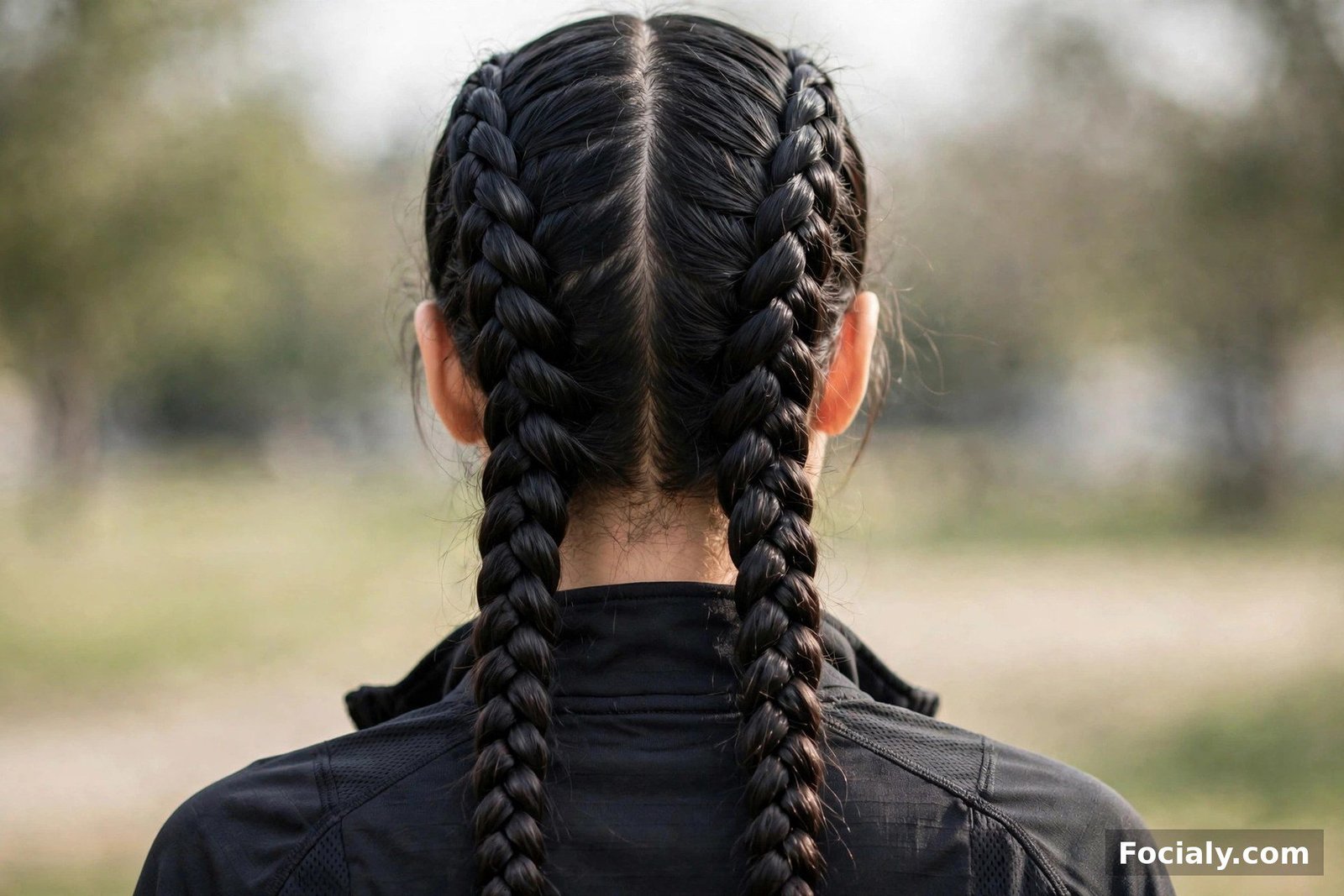 Two tight Dutch braids running down the back of the head on dark hair, back view