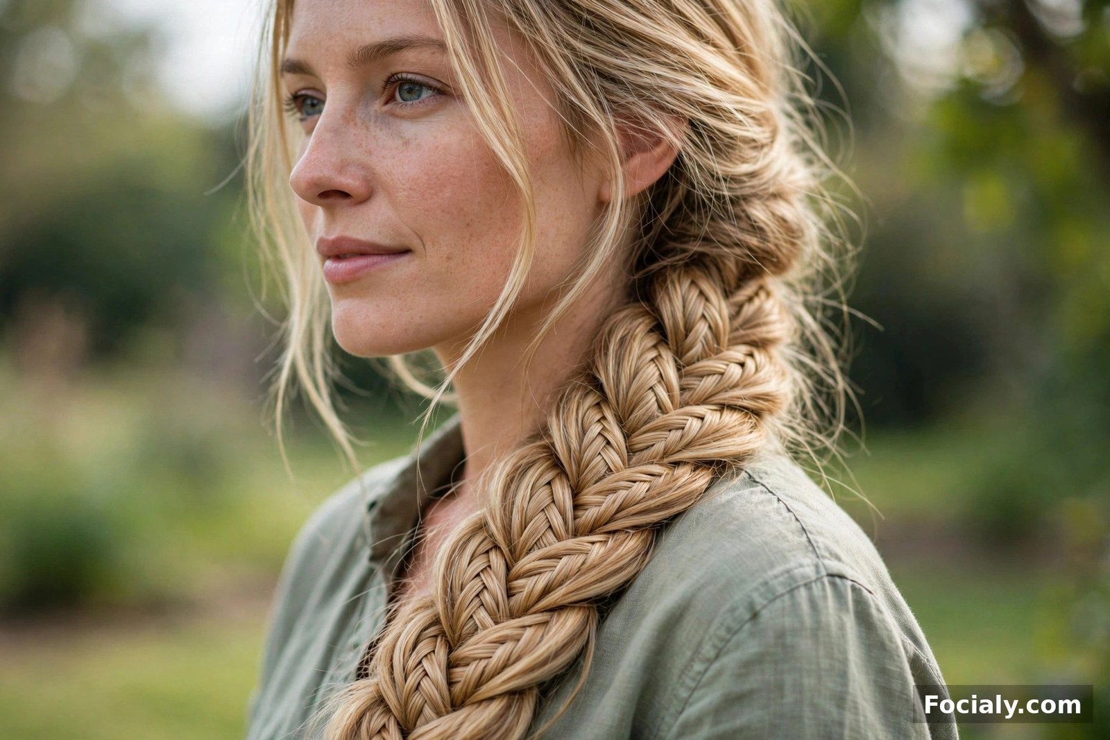 A long fishtail braid draped over the shoulder of a woman with blonde hair