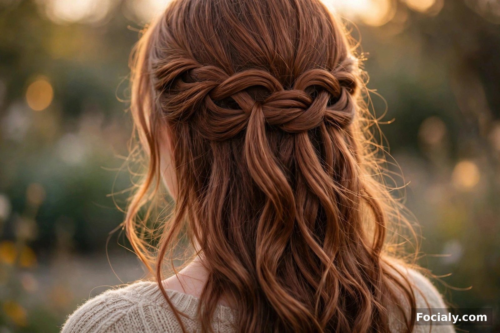 A waterfall braid crossing the back of the head with strands cascading through on auburn hair