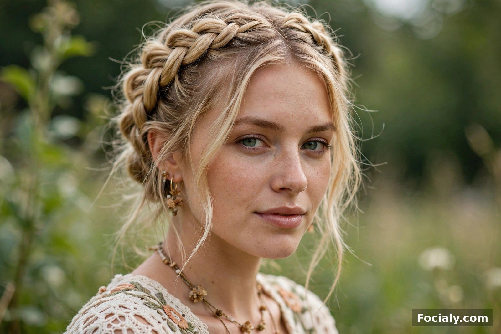 Two blonde braids wrapped over the top of the head like a crown, front view