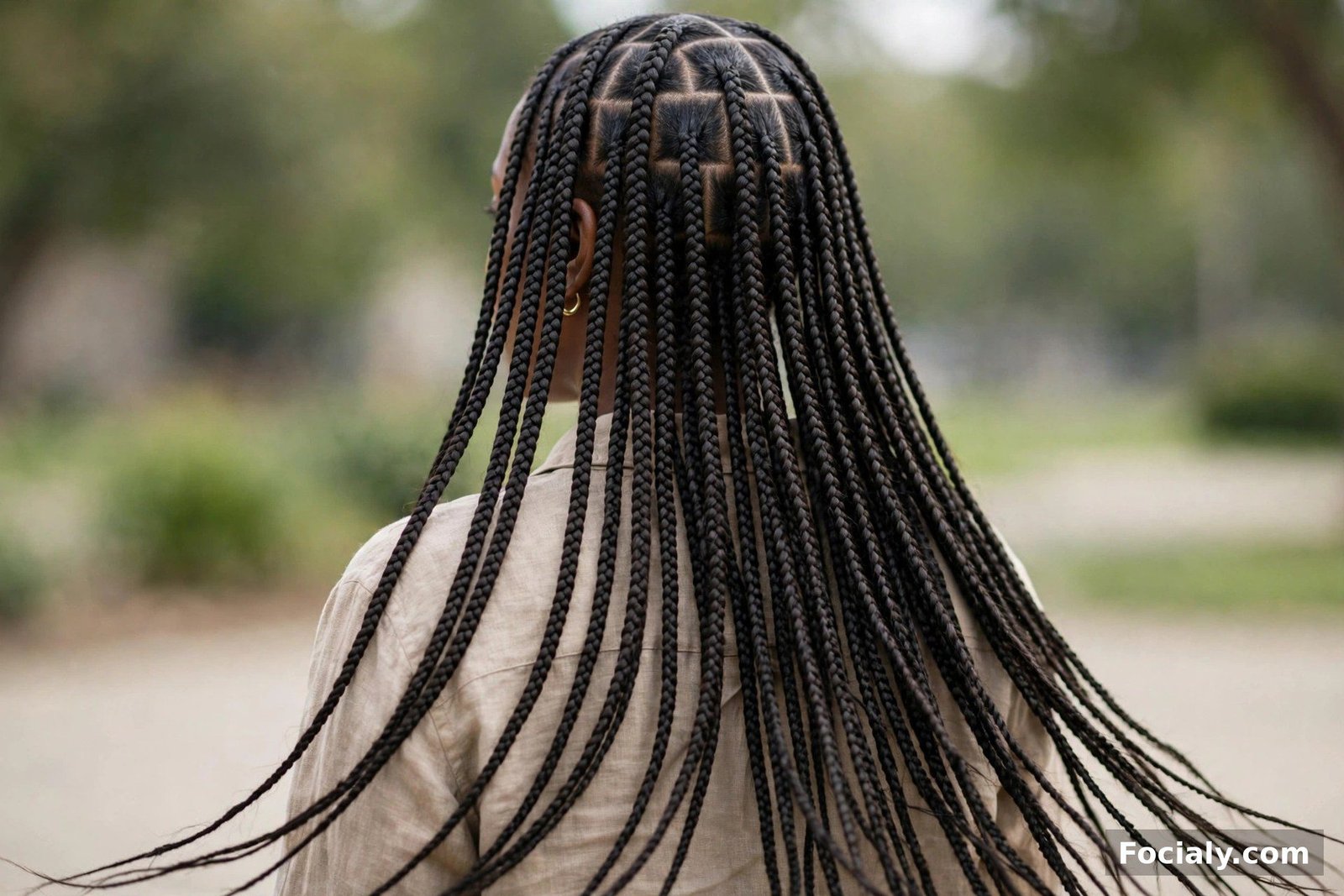 Back view of long waist-length knotless box braids on a Black woman