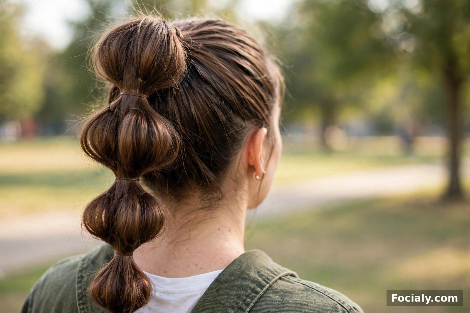 A high ponytail styled into round bubble sections on brown hair